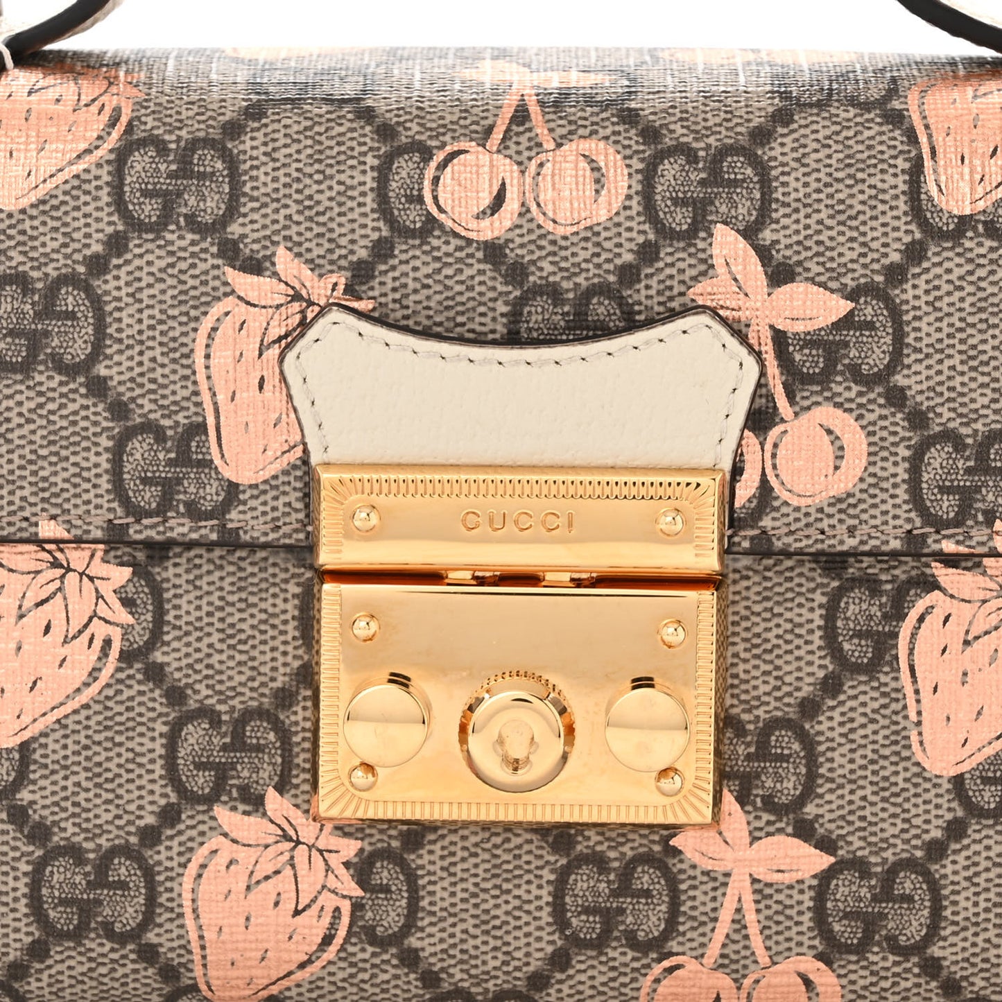 GG Supreme Monogram Berry Textured Dollar Calfskin Mini Padlock Top Handle Shoulder Bag Beige Ebony Light Copper Mystic White