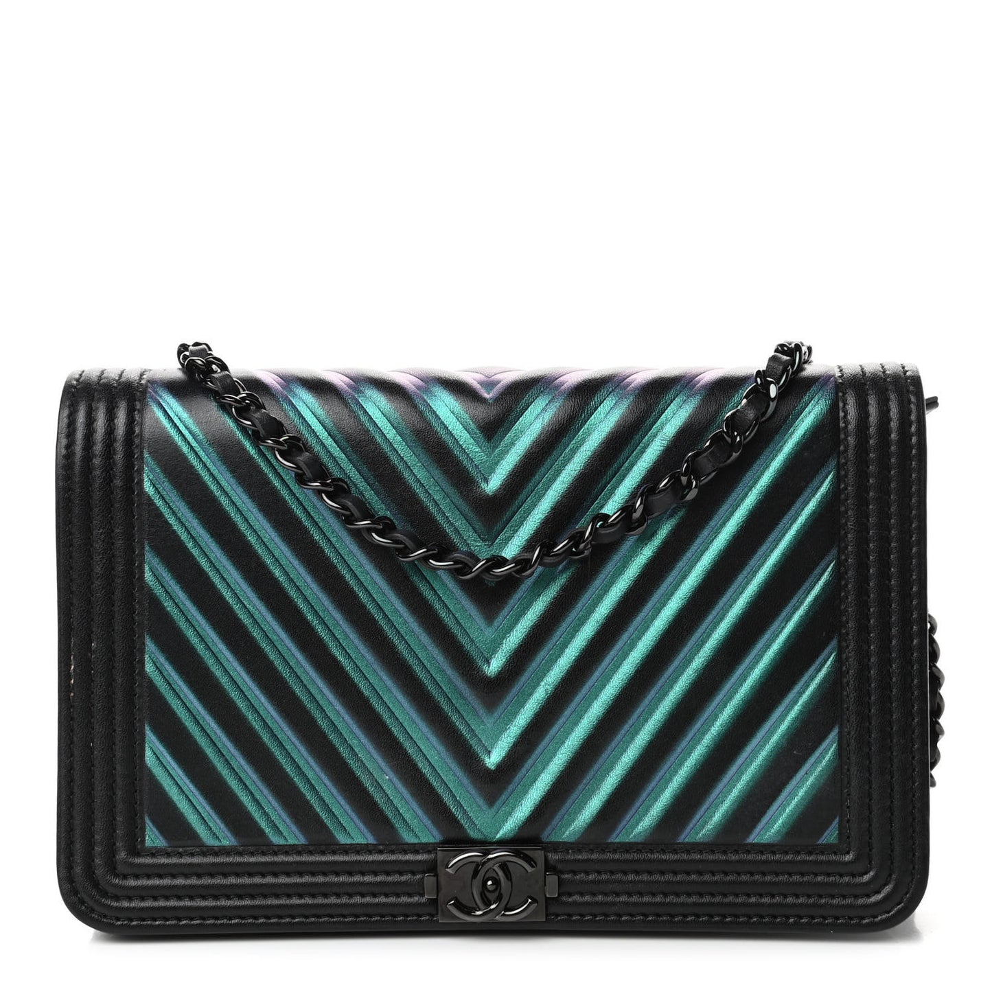 Calfskin Painted Chevron Embossed Boy Wallet On Chain WOC Black