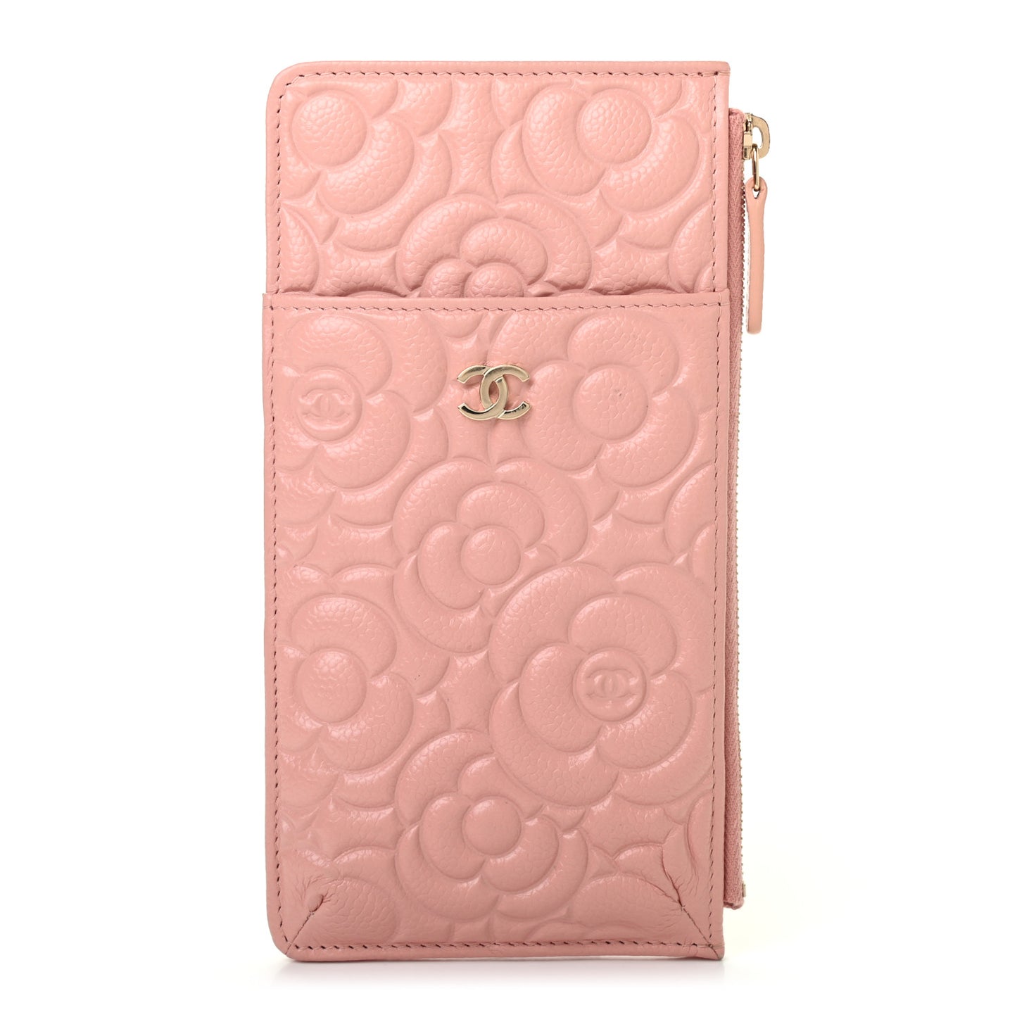 Caviar Camellia Embossed Classic Flat Wallet Pouch Pink