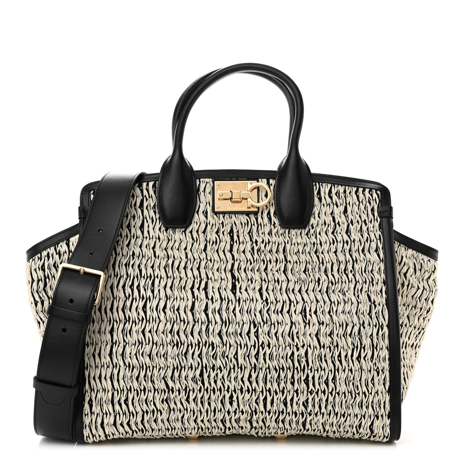 Salvatore Ferragamo Raffia Large Studio Bag Black White 1 of 10