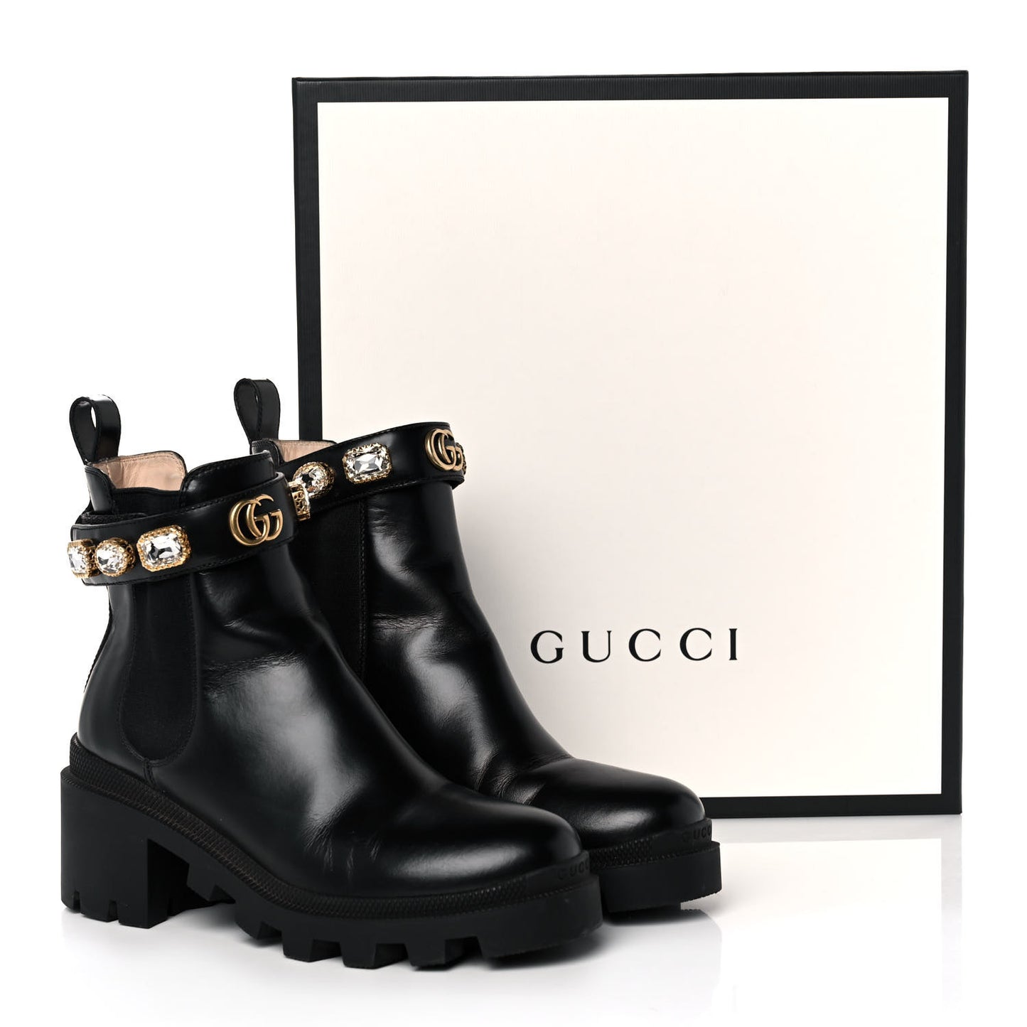 Calfskin Crystal GG Trip Chelsea Ankle Boots 36 Black