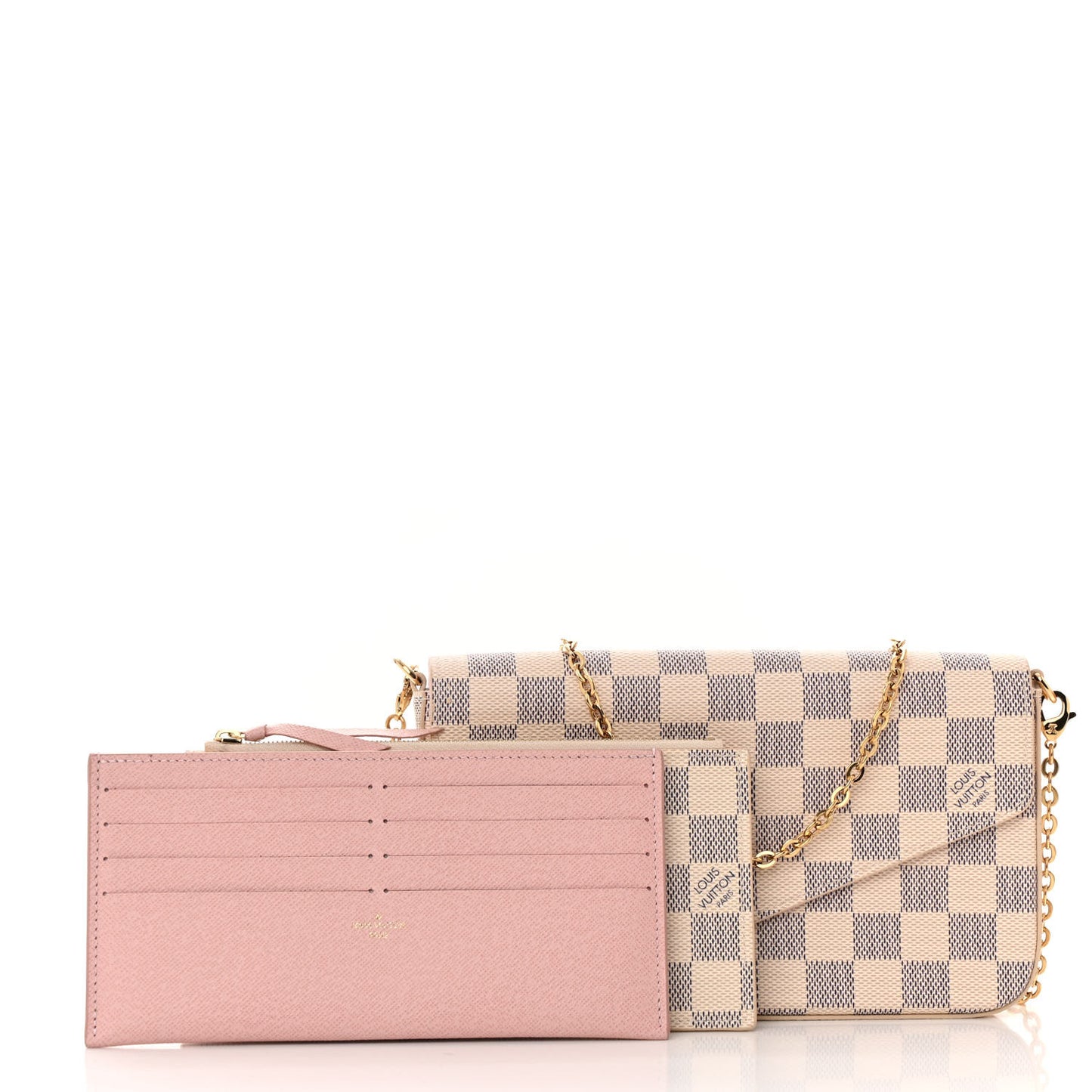 Damier Azur Pochette Felicie Chain Wallet Rose Ballerine