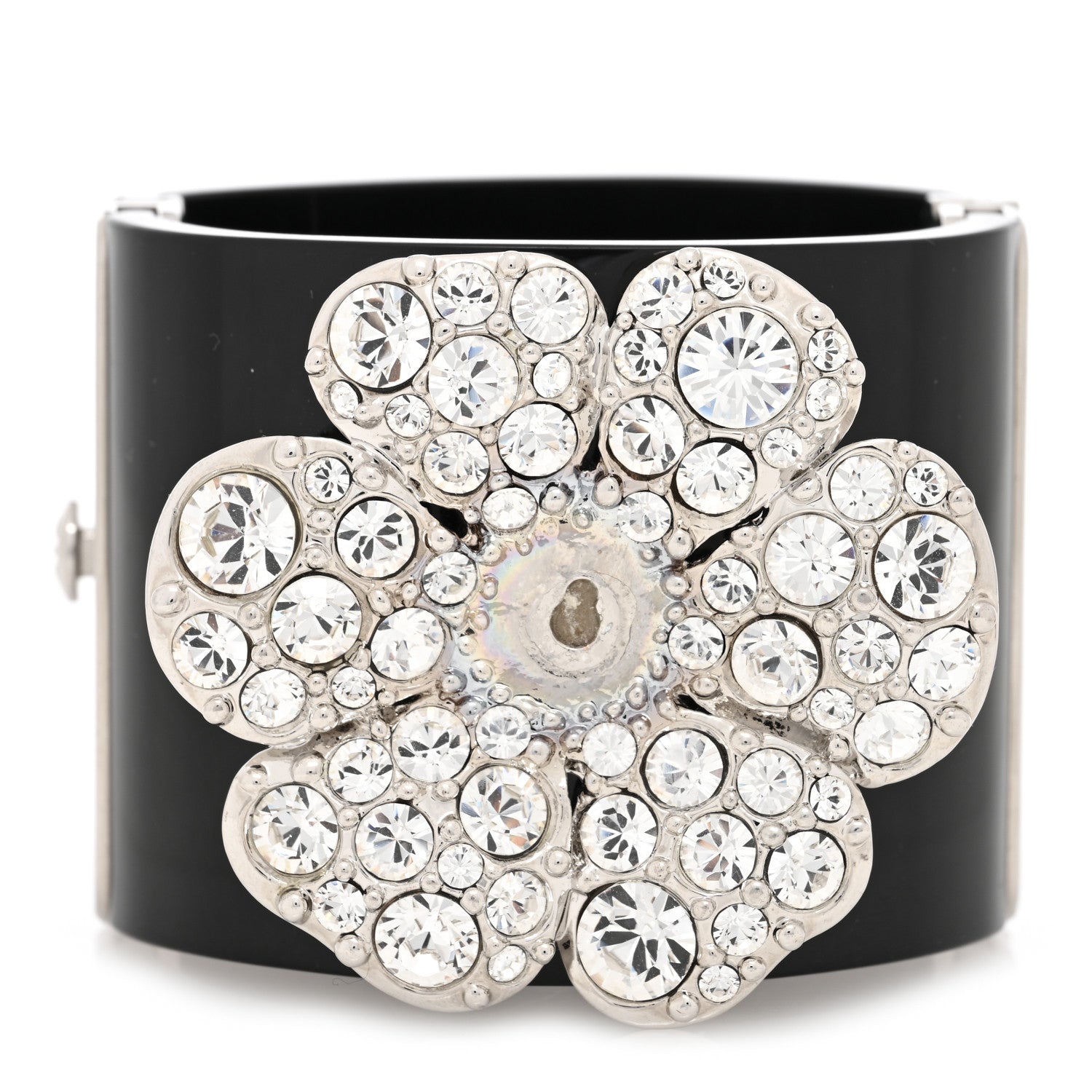 Chanel Resin Swarovski Crystal Camellia CC Cuff Black Silver 1 of 5