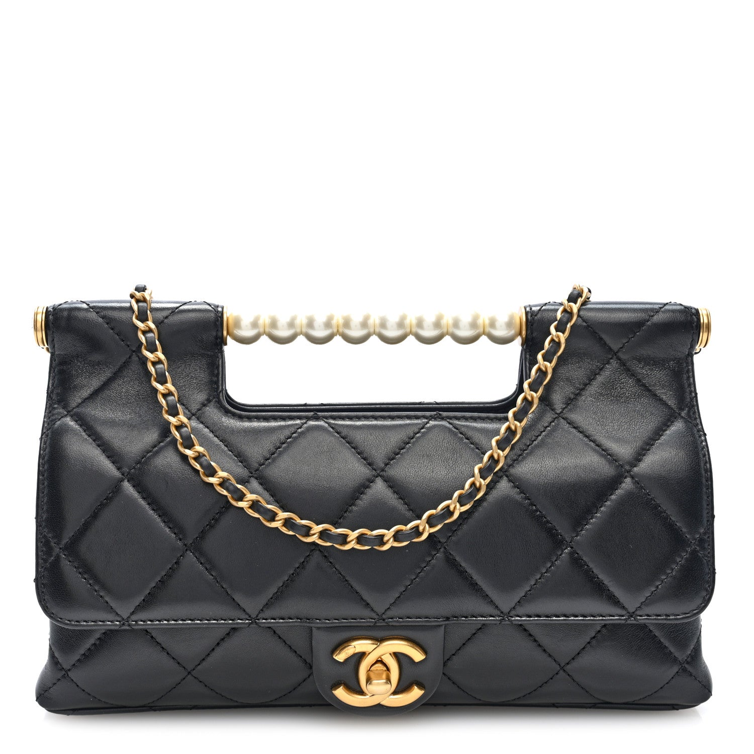 Chanel Shiny Lambskin Pearl Top Handle Flap Shopping Bag Black