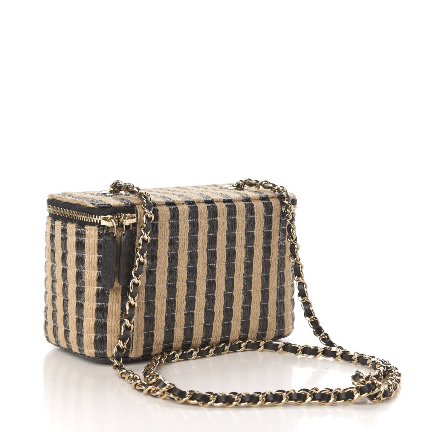 Raffia Jute Striped Small Vanity Case With Chain Black Beige