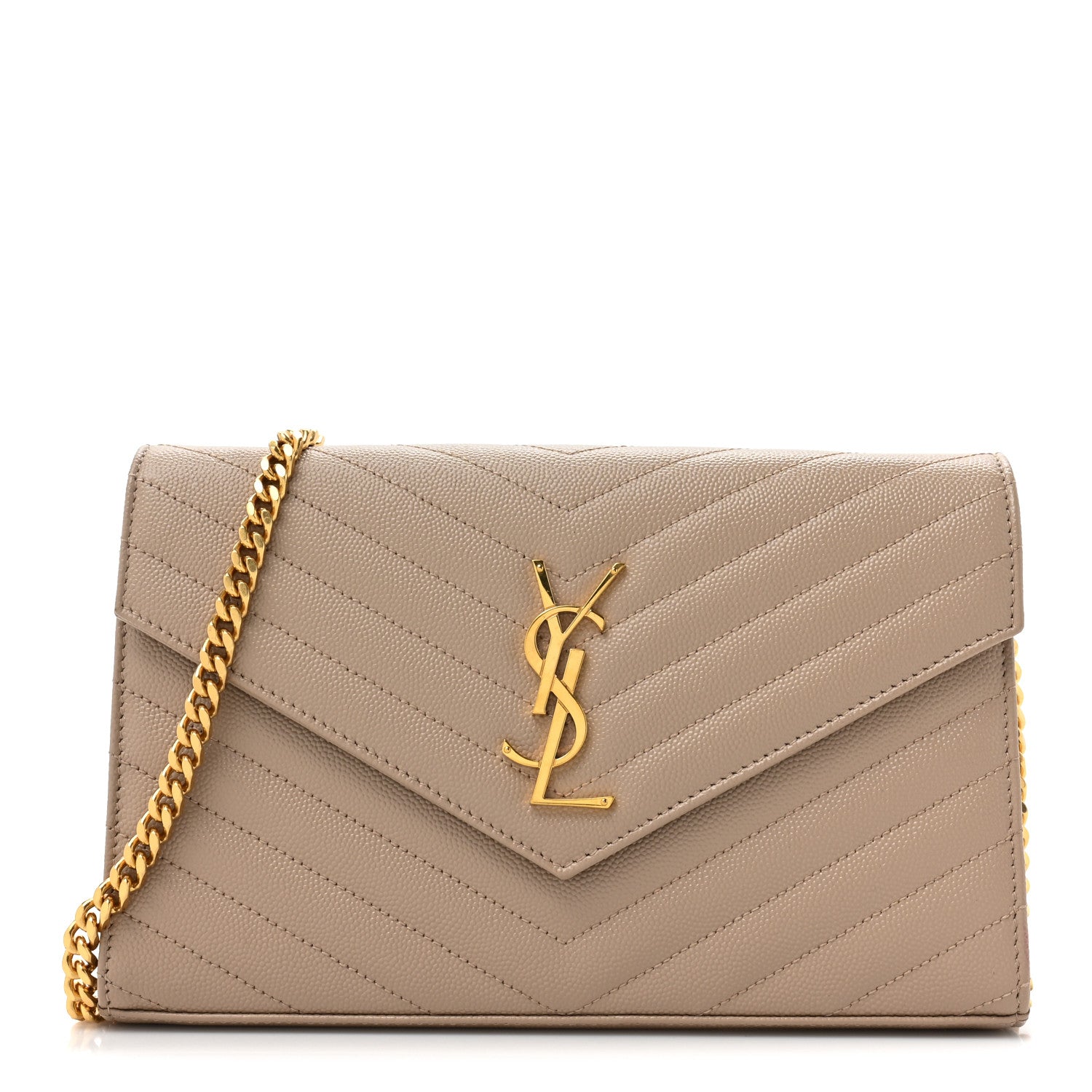 Saint Laurent Grain De Poudre Matelasse Chevron Monogram Chain Wallet Dark Beige 1 of 12