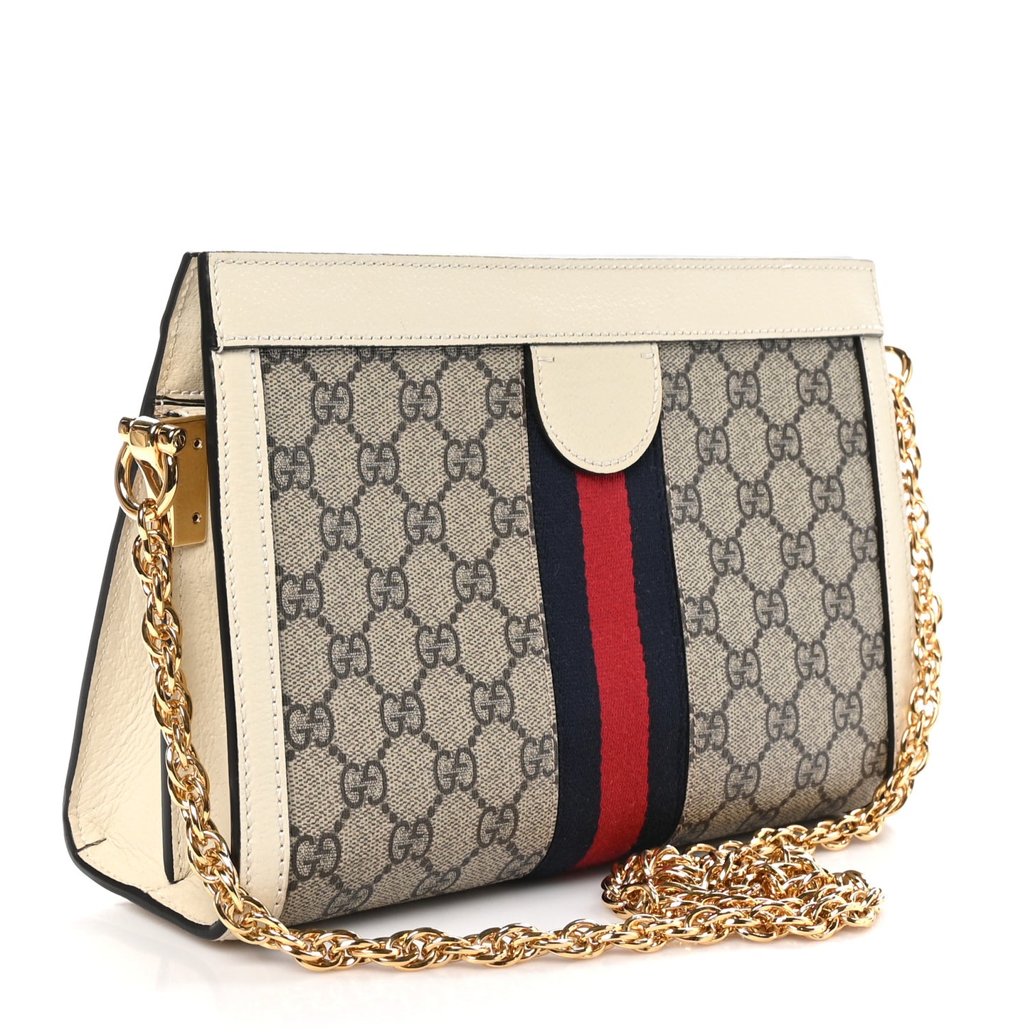 GG Supreme Monogram Textured Calfskin Web Small Ophidia Chain Shoulder Bag Beige Ebony Mystic White