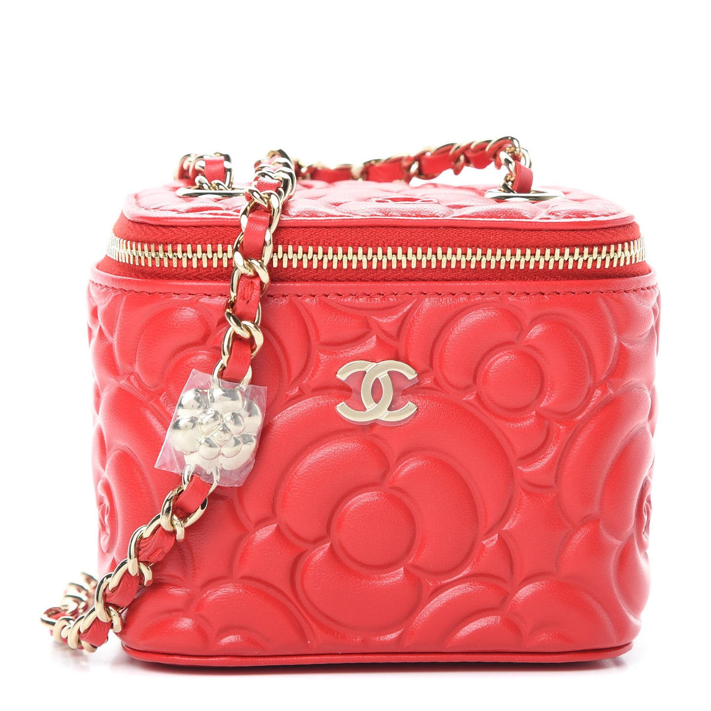 Lambskin Camellia Embossed Mini Vanity Case With Chain Red