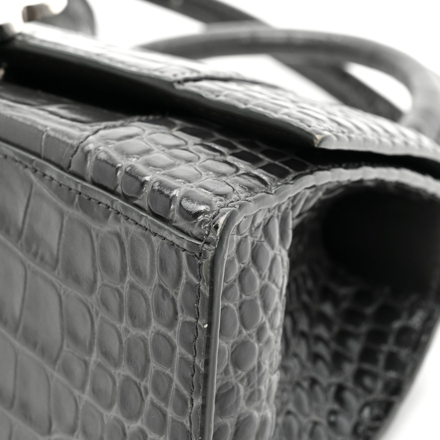 Shiny Calfskin Crocodile Embossed Small Hourglass Top Handle Bag Dark Grey