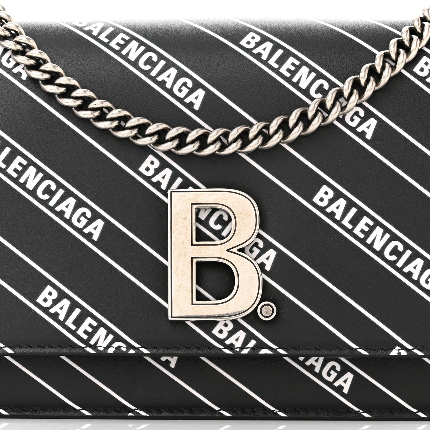 Matte Calfskin Diagonal Allover Logo Print B Wallet on Chain Black White