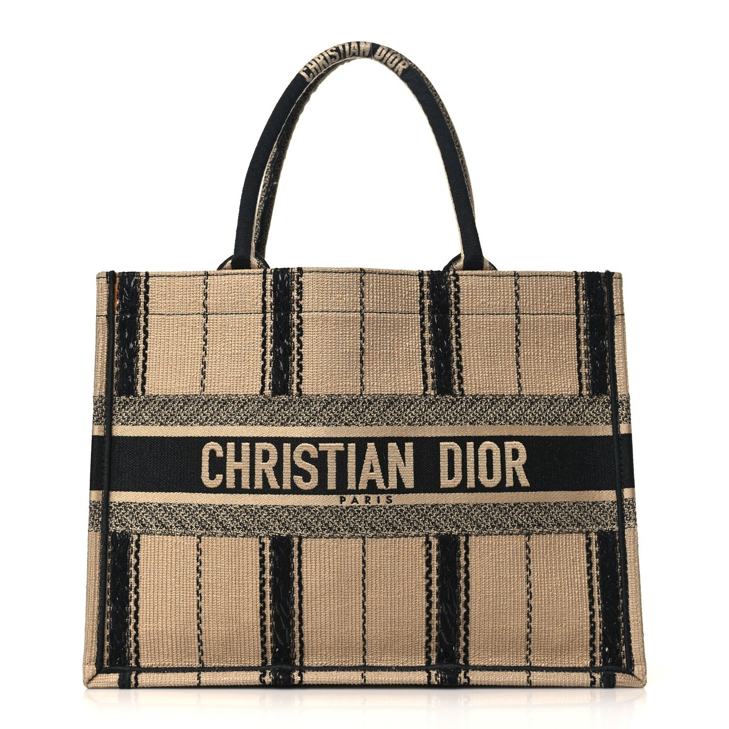 Canvas Embroidered Medium Bayadere Book Tote Black Beige