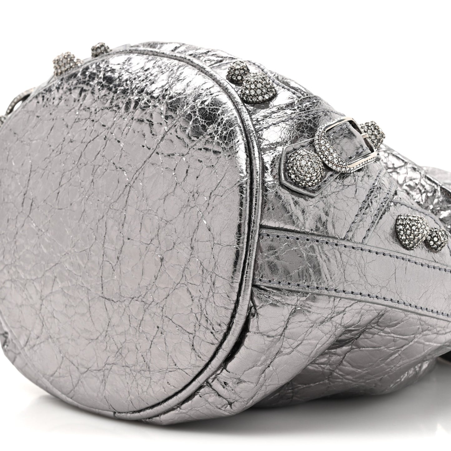 Metallic Agneau Arena Crystal Le Cagole Bucket Bag XS Silver