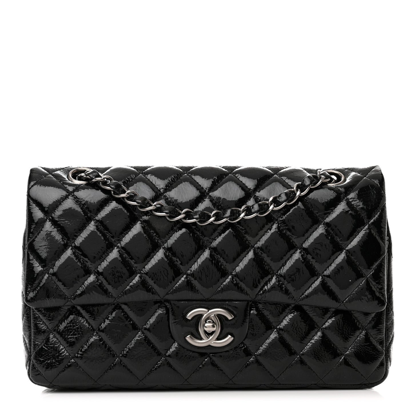 Distressed Patent Quilted Medium Double Flap Black