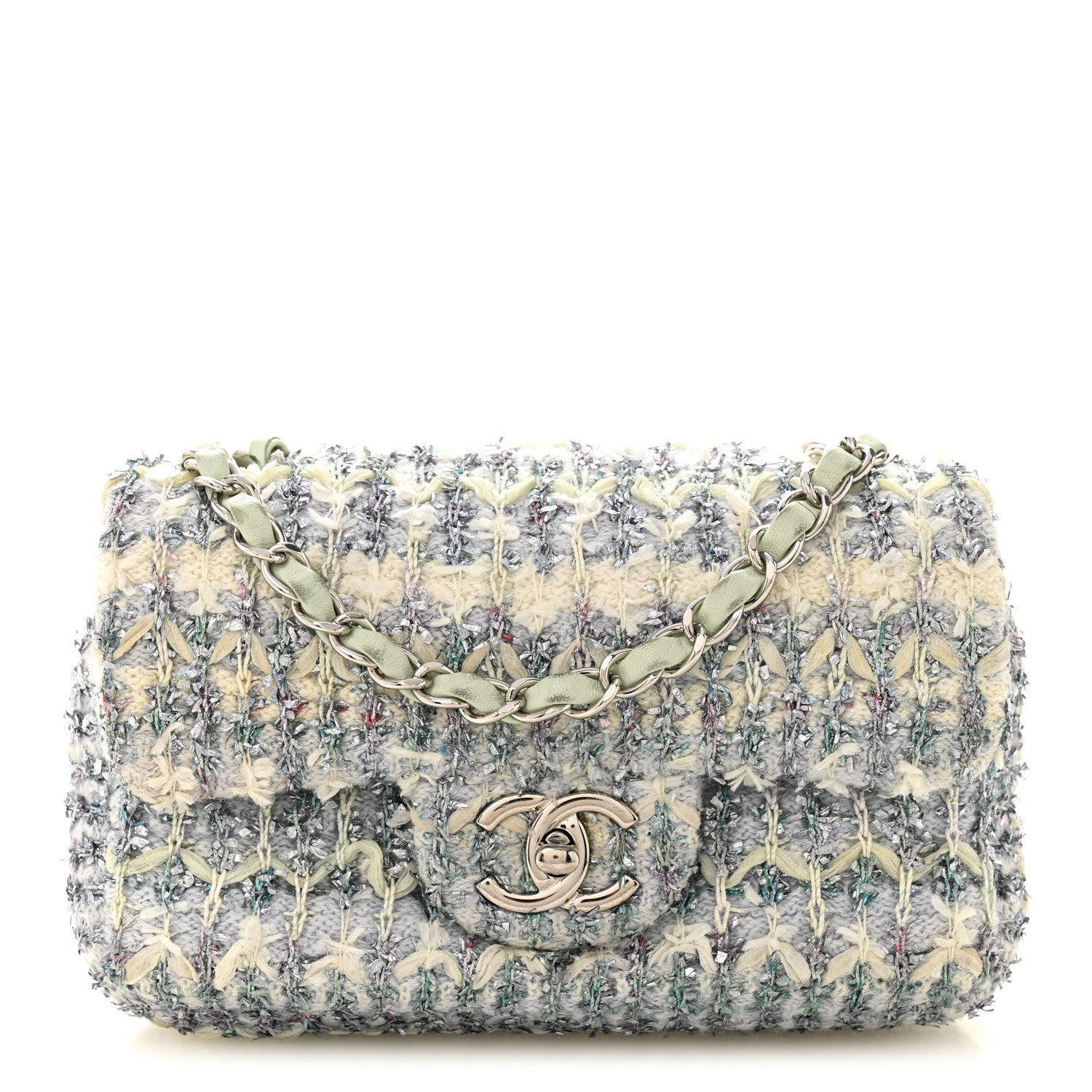 Chanel Tweed Quilted Mini Rectangular Flap Light Green Silver