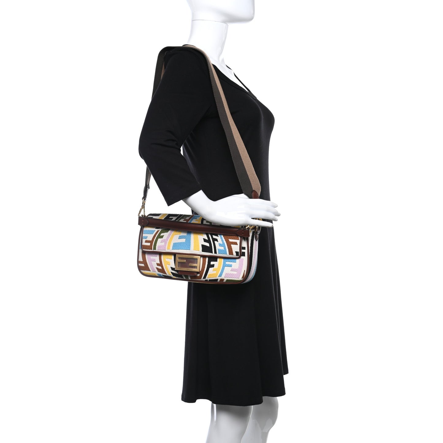 X SARA COLEMAN Canvas Vitello King Seta FF Fish Eye Embroidered Baguette Grezzo Multicolor Ghianda