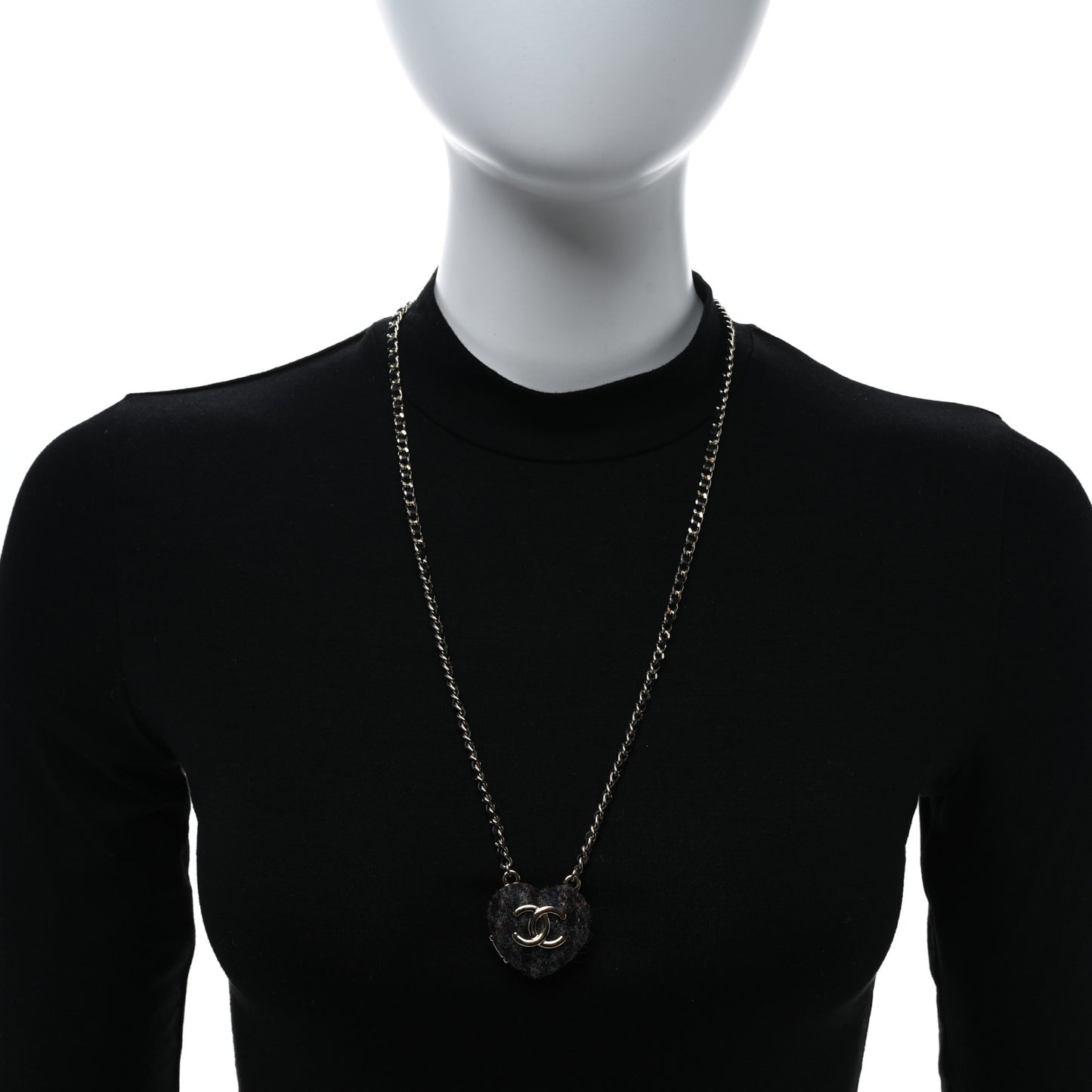 Lambskin Tweed CC Locket Pendant Necklace Grey Blue Black Gold