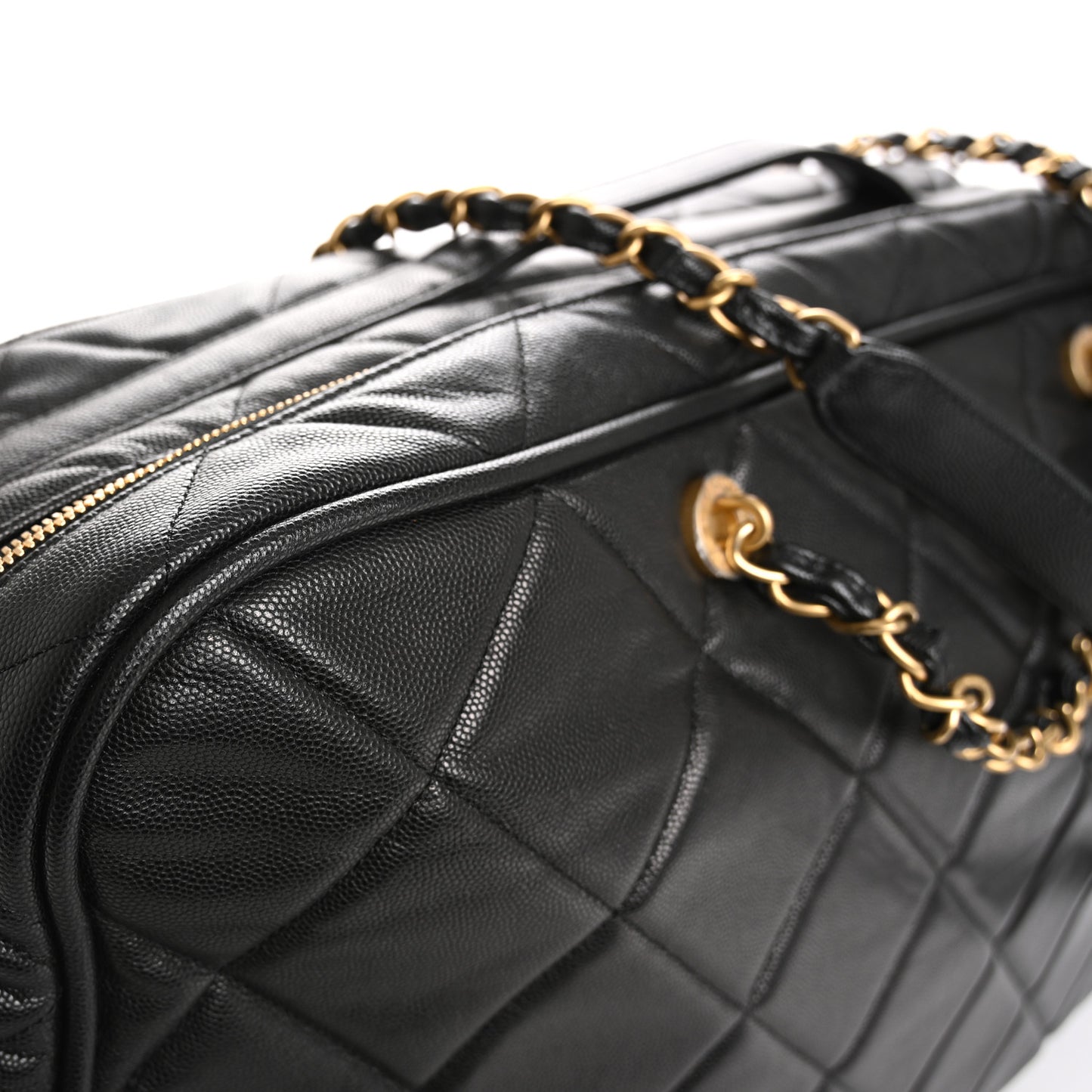 Shiny Grained Calfskin Quilted Large Travel Bowling Bag Black