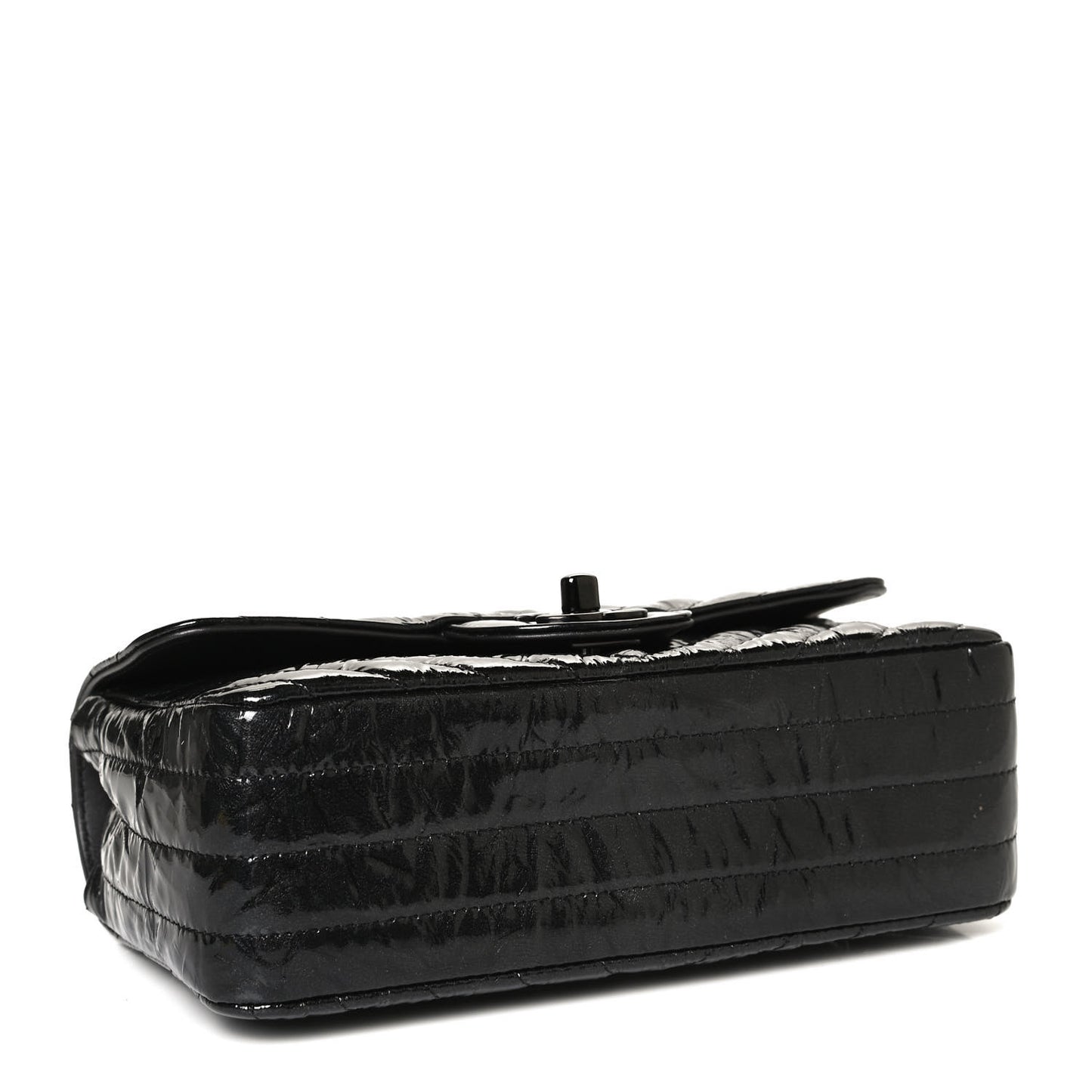 Patent Metallic Crumpled Calfskin Chevron Quilted Mini Rectangular Flap So Black