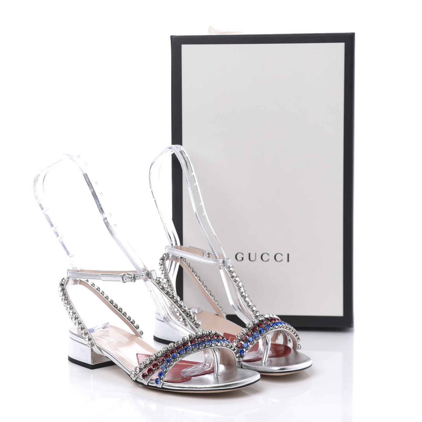 Nappa Silk Crystal Bertie T-Strap Low Heel Sandals 35.5 Argento