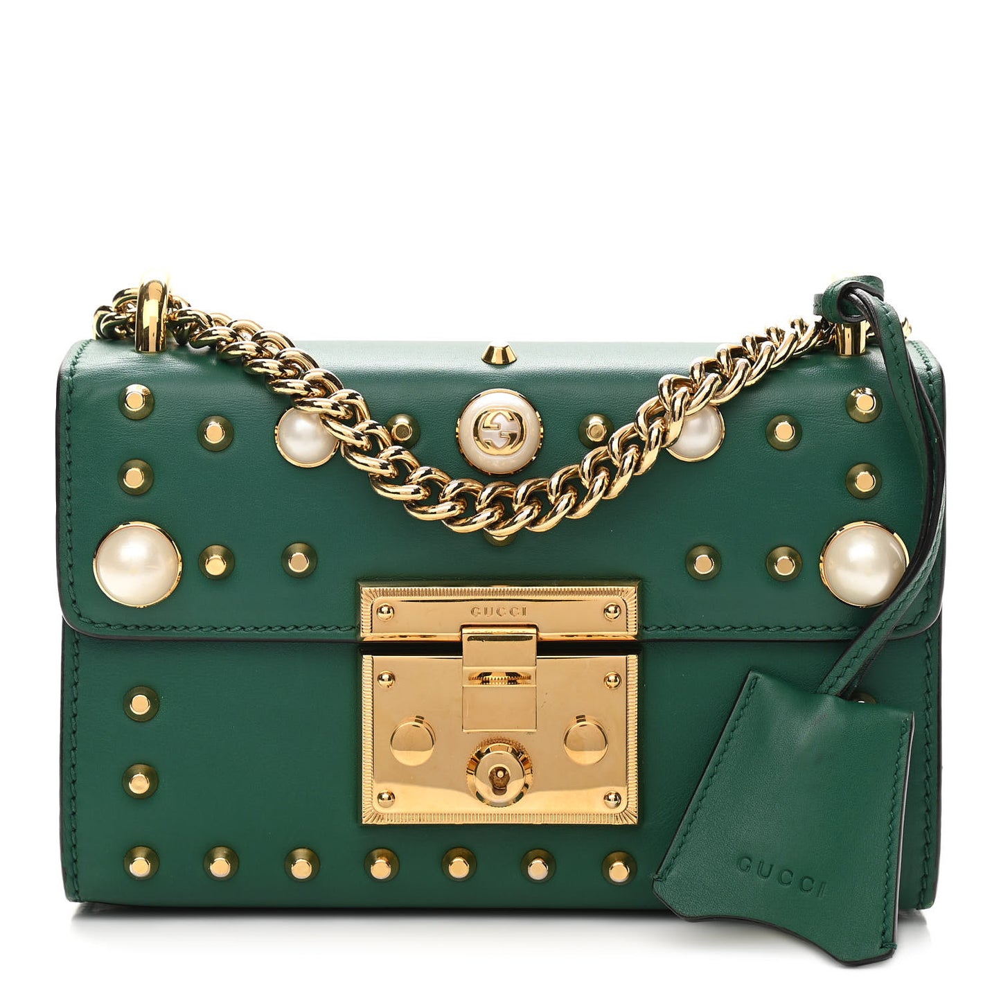 Calfskin Studded Small Padlock Shoulder Bag Emerald