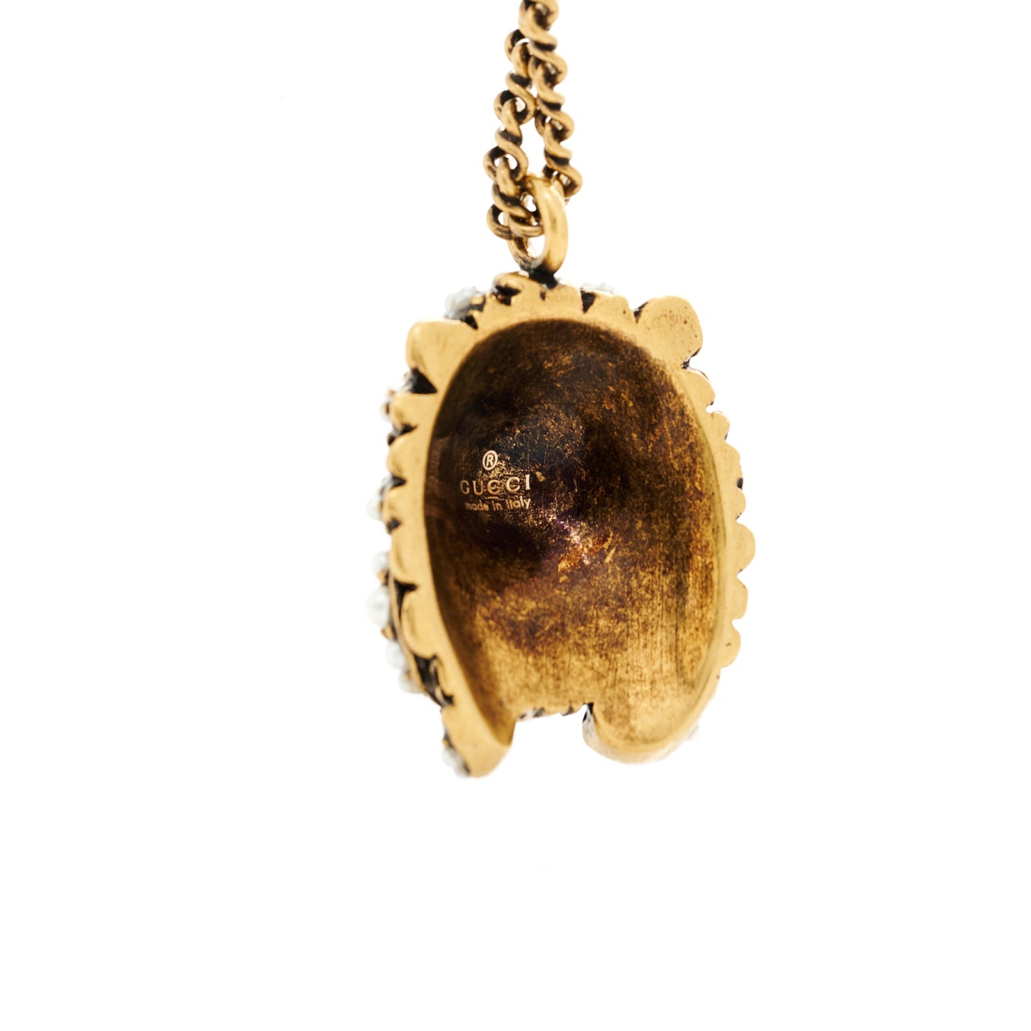 Metal Pearl Crystal Lion Head Necklace Aged Gold Multicolor
