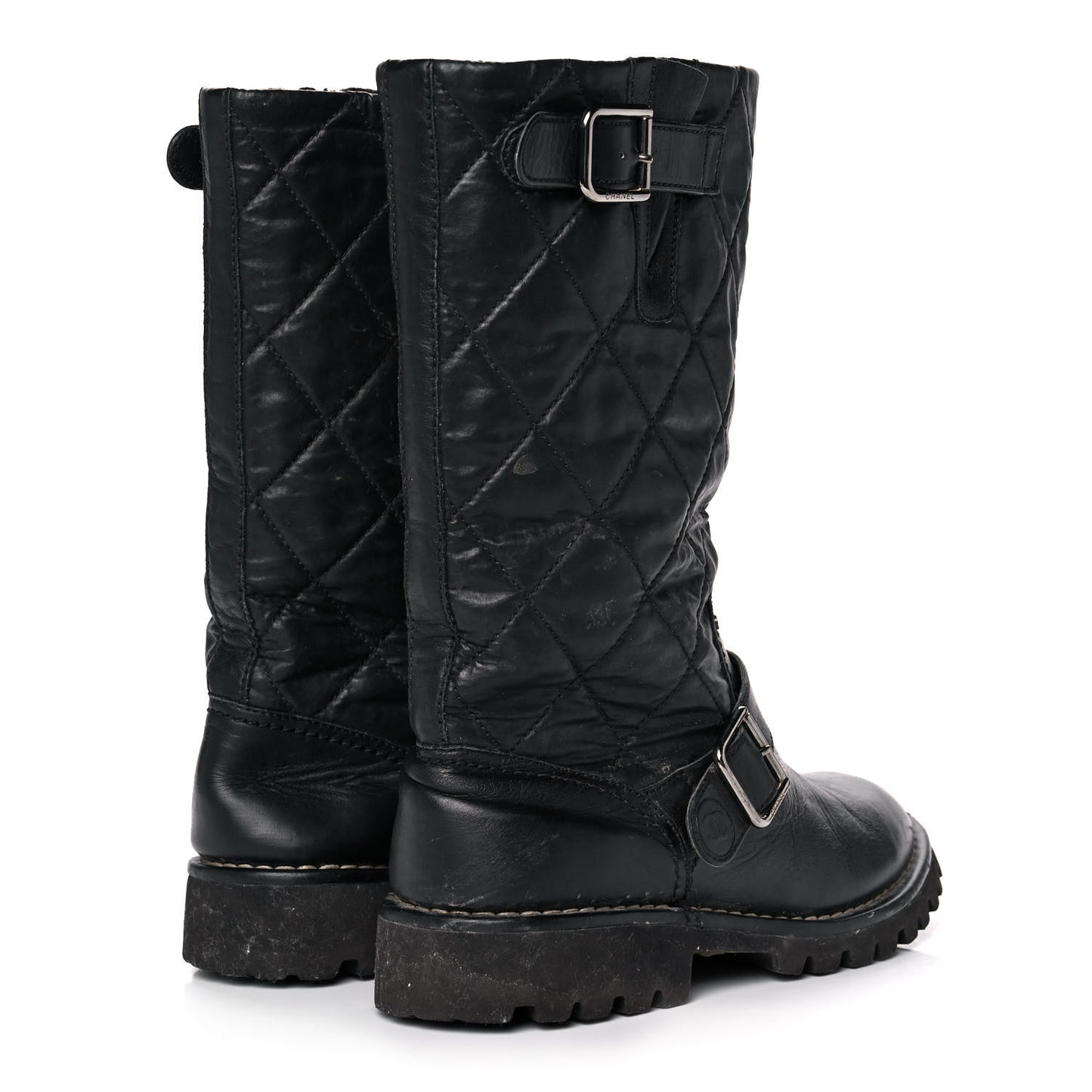 Calfskin Quilted Buckle Biker Boots 37 Black