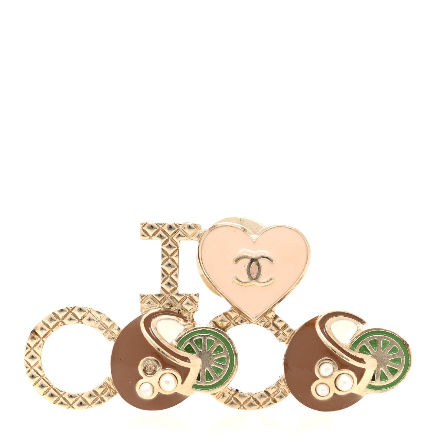 Metal Resin Pearl I Love Coco Brooch Gold Brown Pink