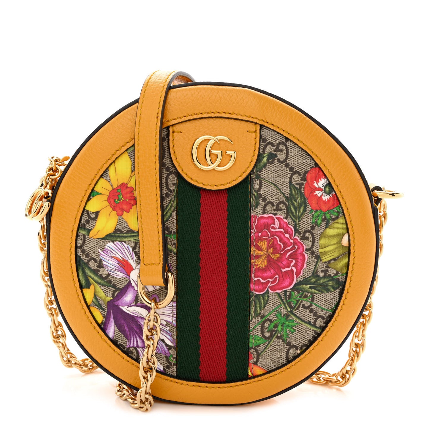 GG Supreme Monogram Flora Web Mini Ophidia Round Shoulder Bag Beige Multicolor Crop