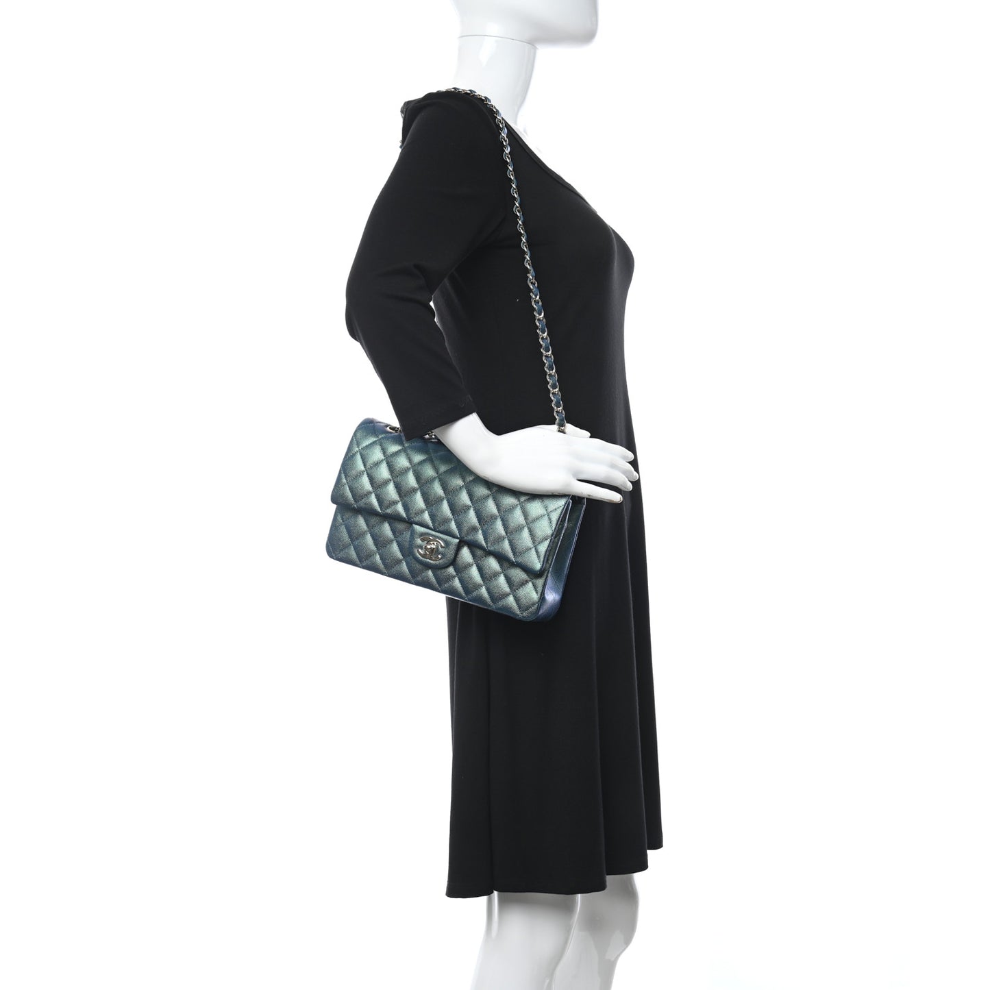 Iridescent Caviar Quilted Medium Double Flap Green