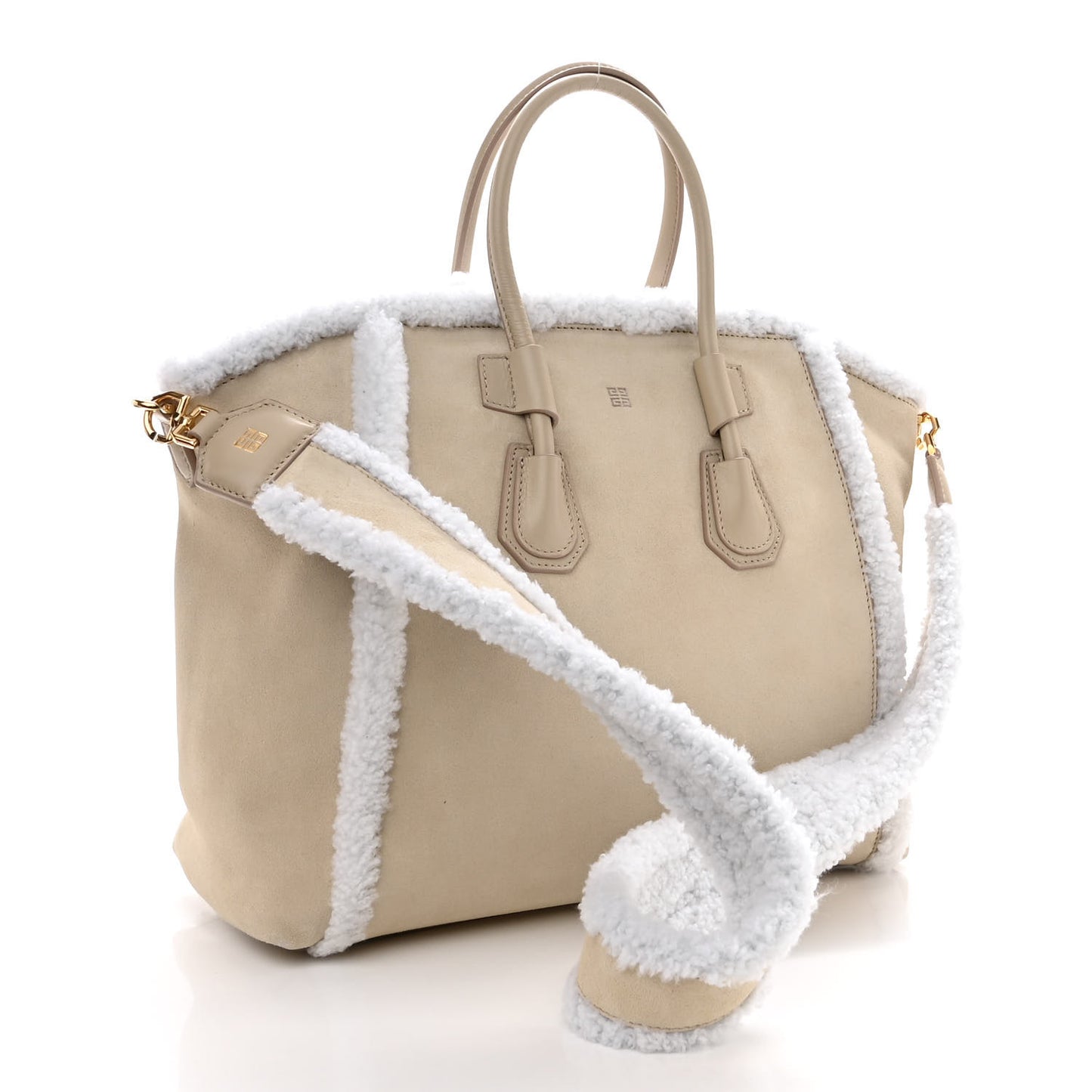 Suede Shearling Small Antigona Natural Beige