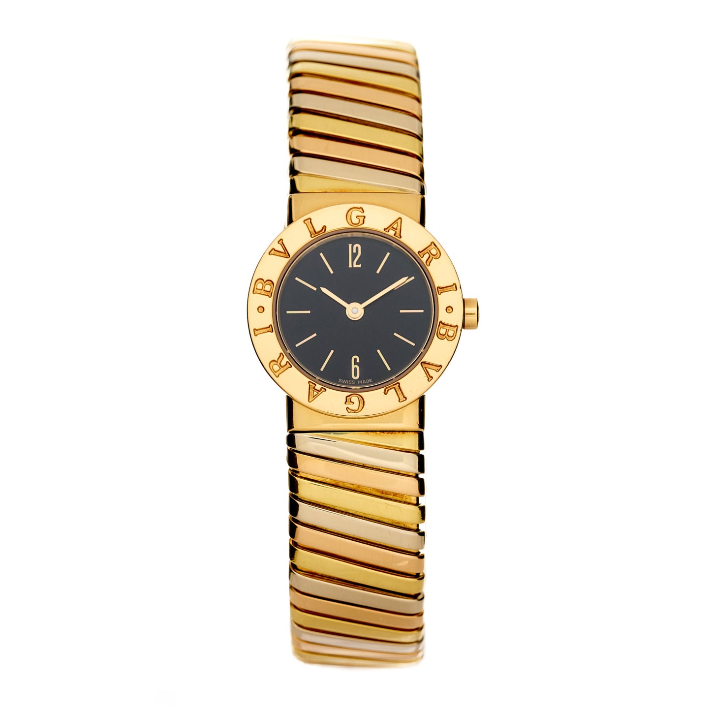 18K Rose Yellow White Gold 23mm Tubogas Quartz Watch Black
