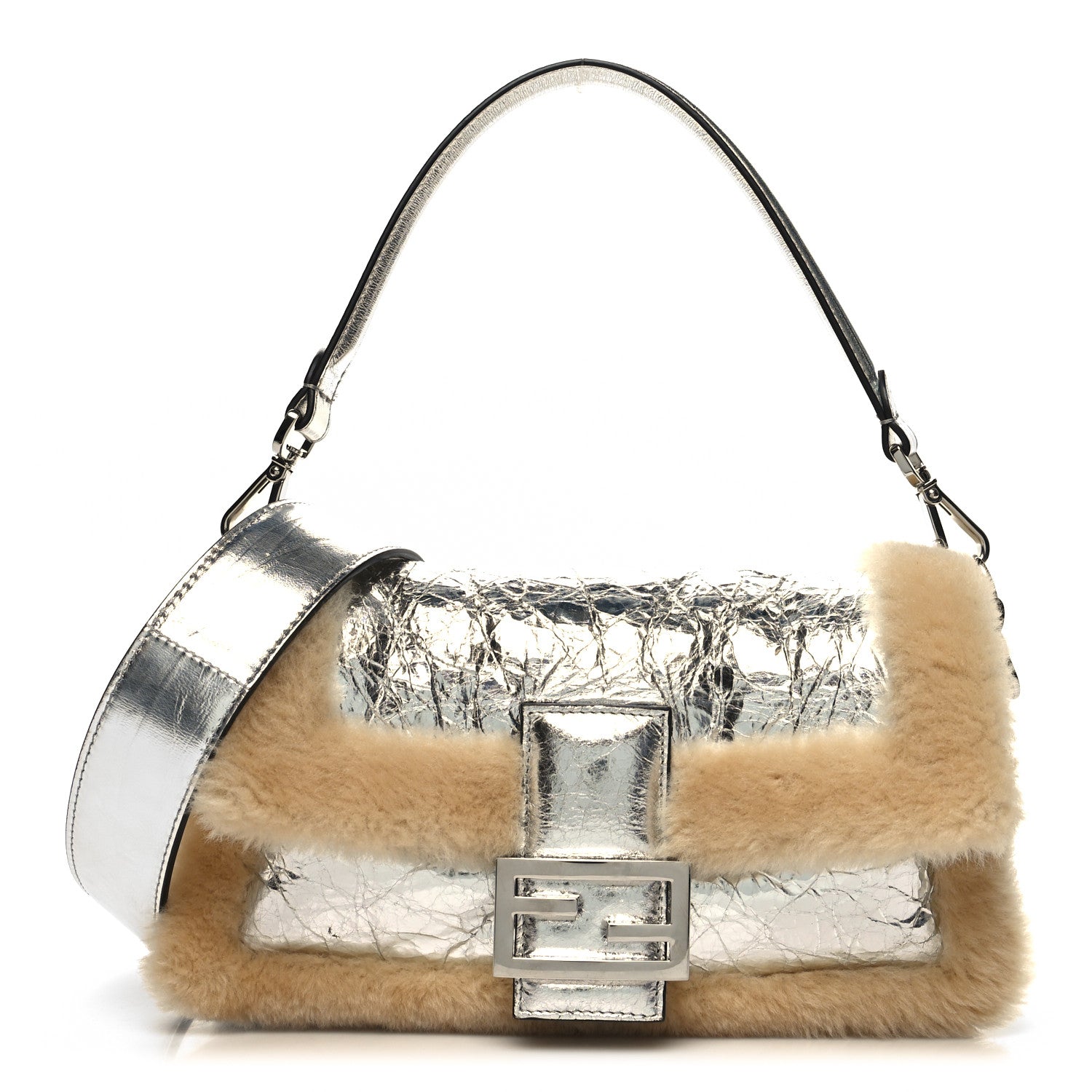Fendi Craquele Lambskin Sheepskin Fur Baguette Argento 1424054