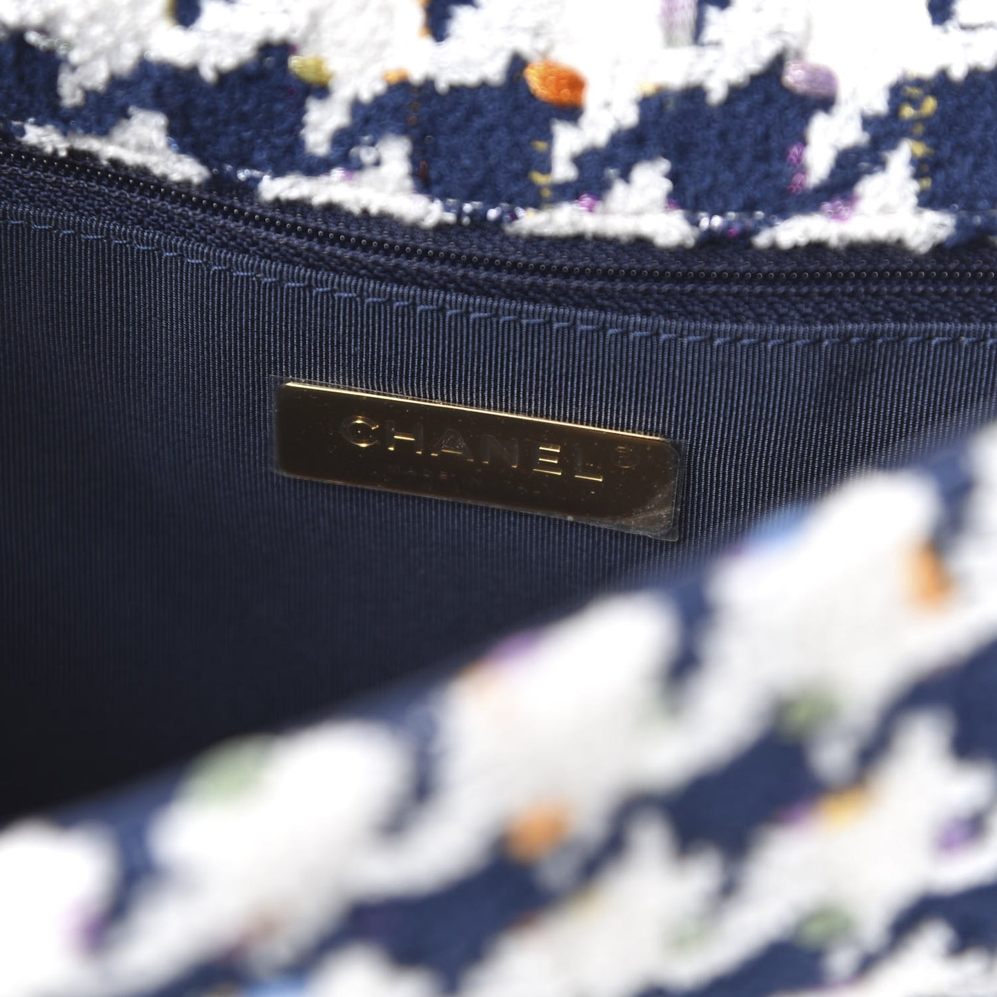 Tweed Quilted Large 19 Flap Ecru Navy Blue Multicolor