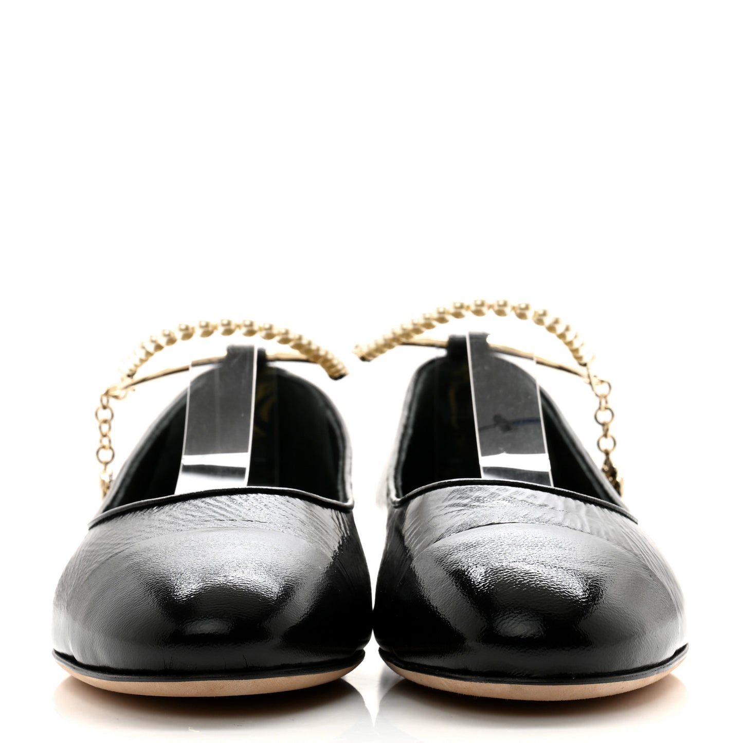 Shiny Lambskin Pearl Cap Toe Ankle Chain Ballerina Flats 39 Black