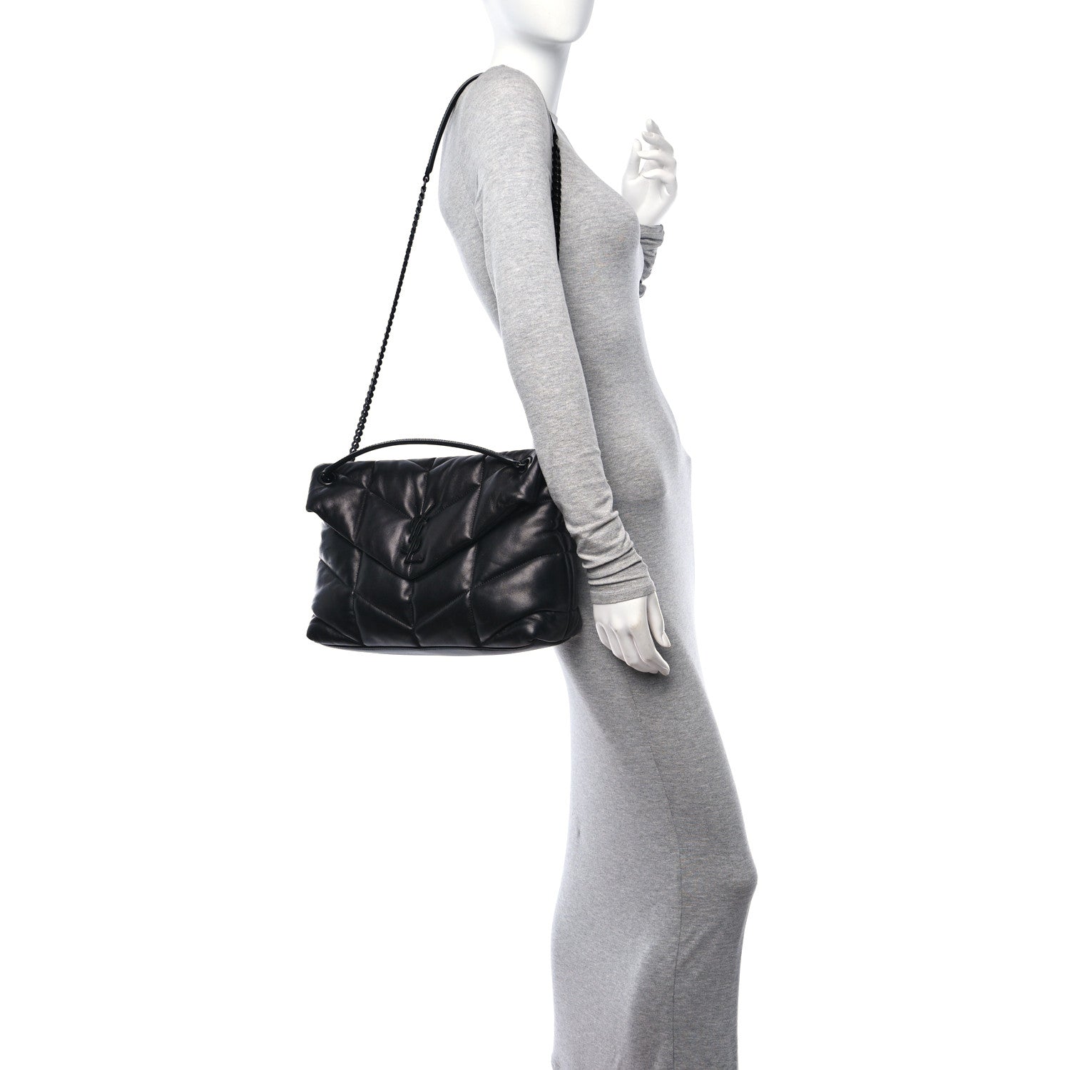 Saint Laurent Lambskin Quilted Monogram Monochrome Medium Loulou Puffer Chain Satchel Black 2 of 10