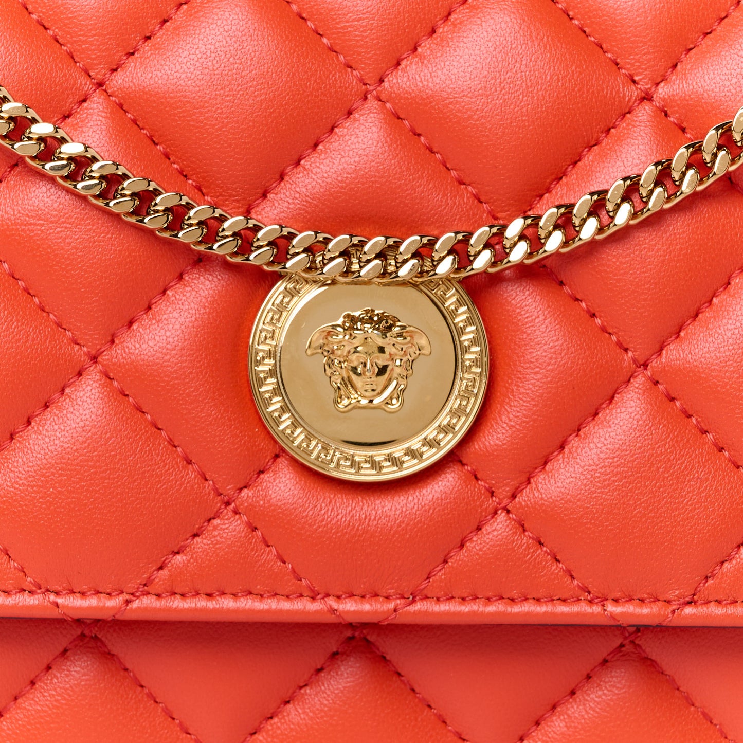 Lambskin Quilted Medusa Wallet on Chain Crossbody Coral