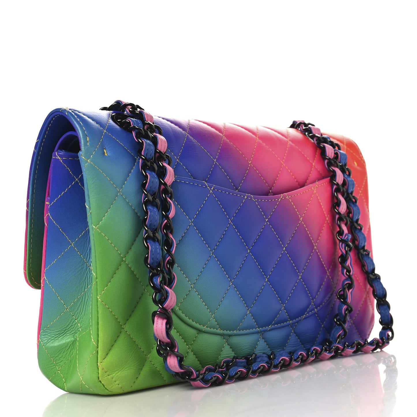 Calfskin Quilted Medium Rainbow Double Flap Multicolor