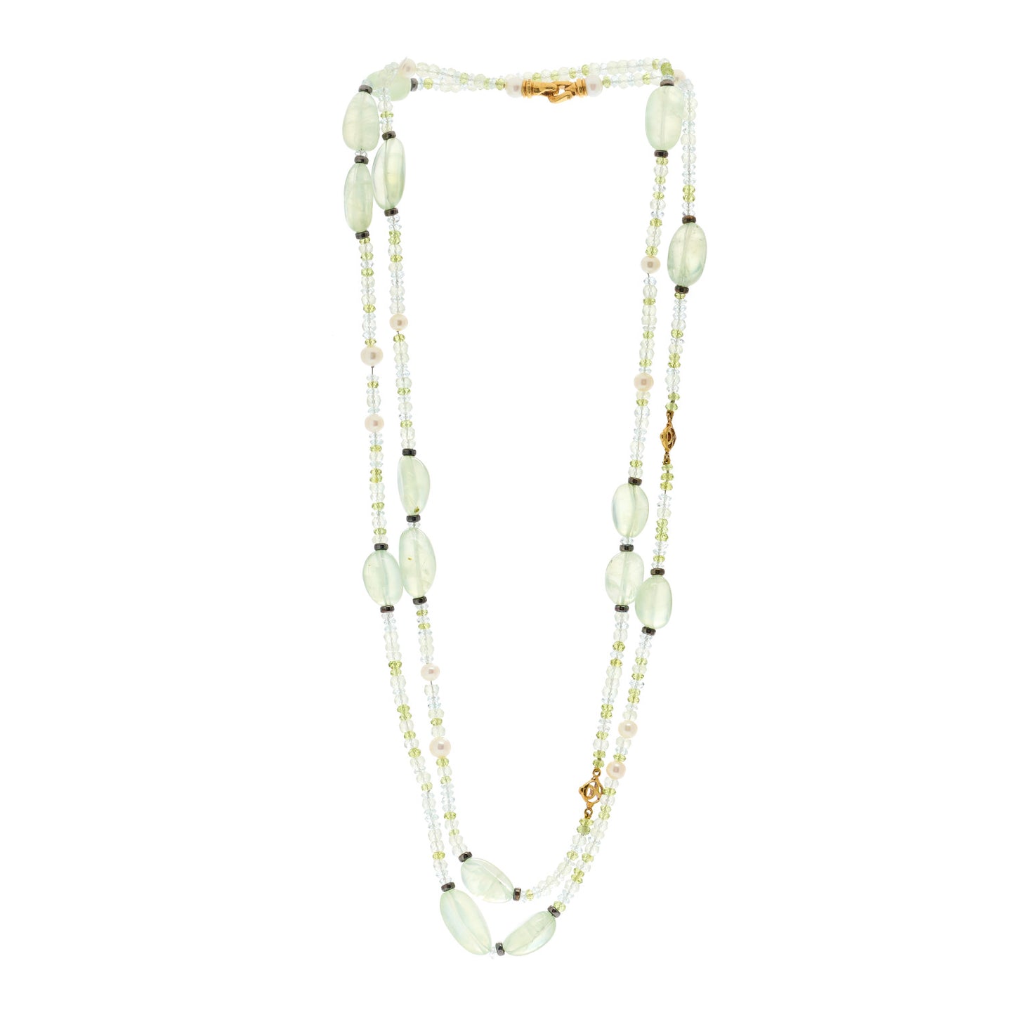 18K Yellow Gold Prehnite Pearl Aquamrine Peridot Tweejoux Necklace 50"