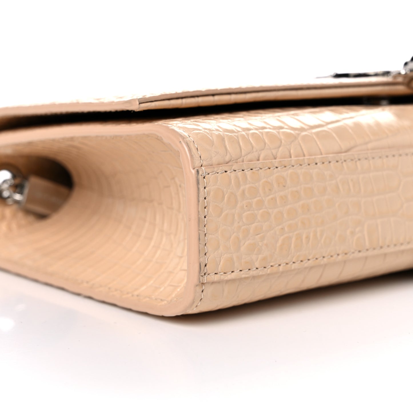 Calfskin Crocodile Embossed Medium Classic Monogram Kate Tassel Satchel Nude Powder