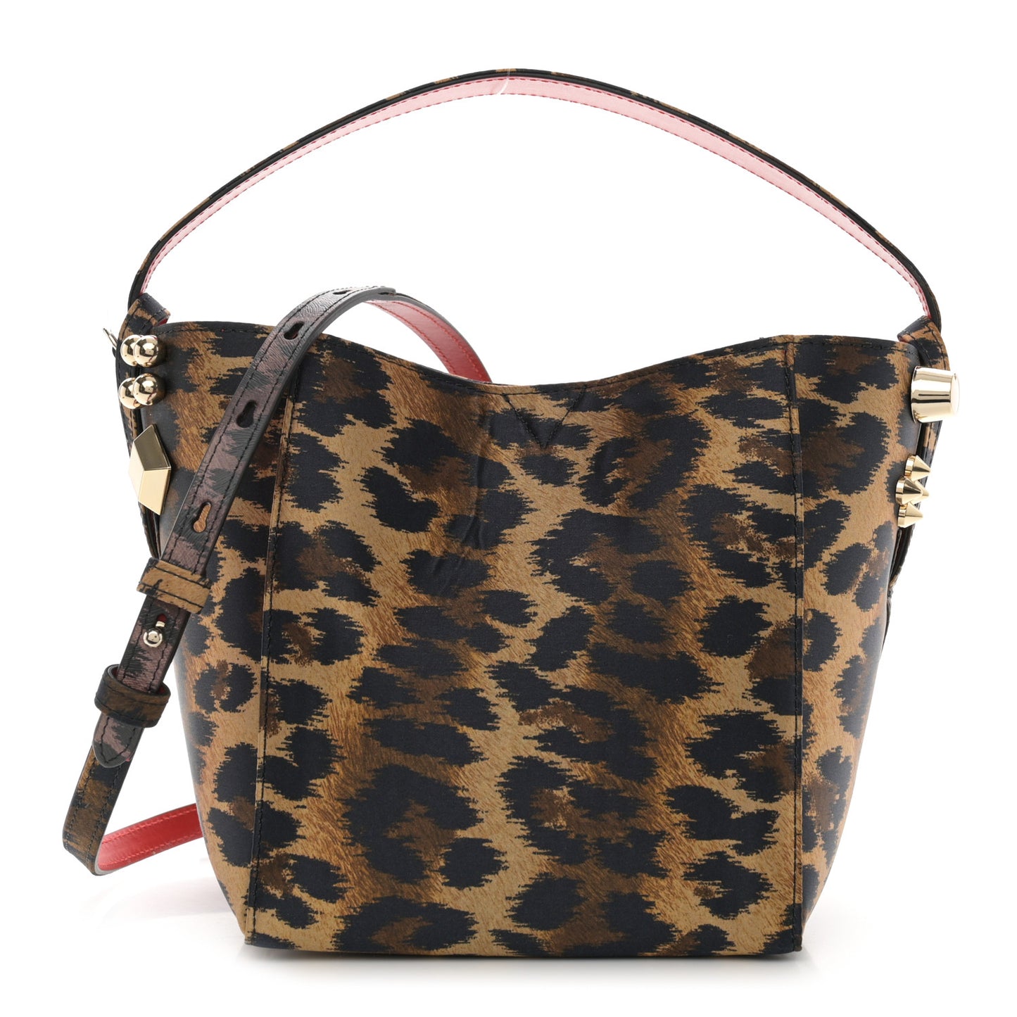 Crepe Satin Leopard Print Empire Spike Studded Mini Cabachic Bucket Bag Brown