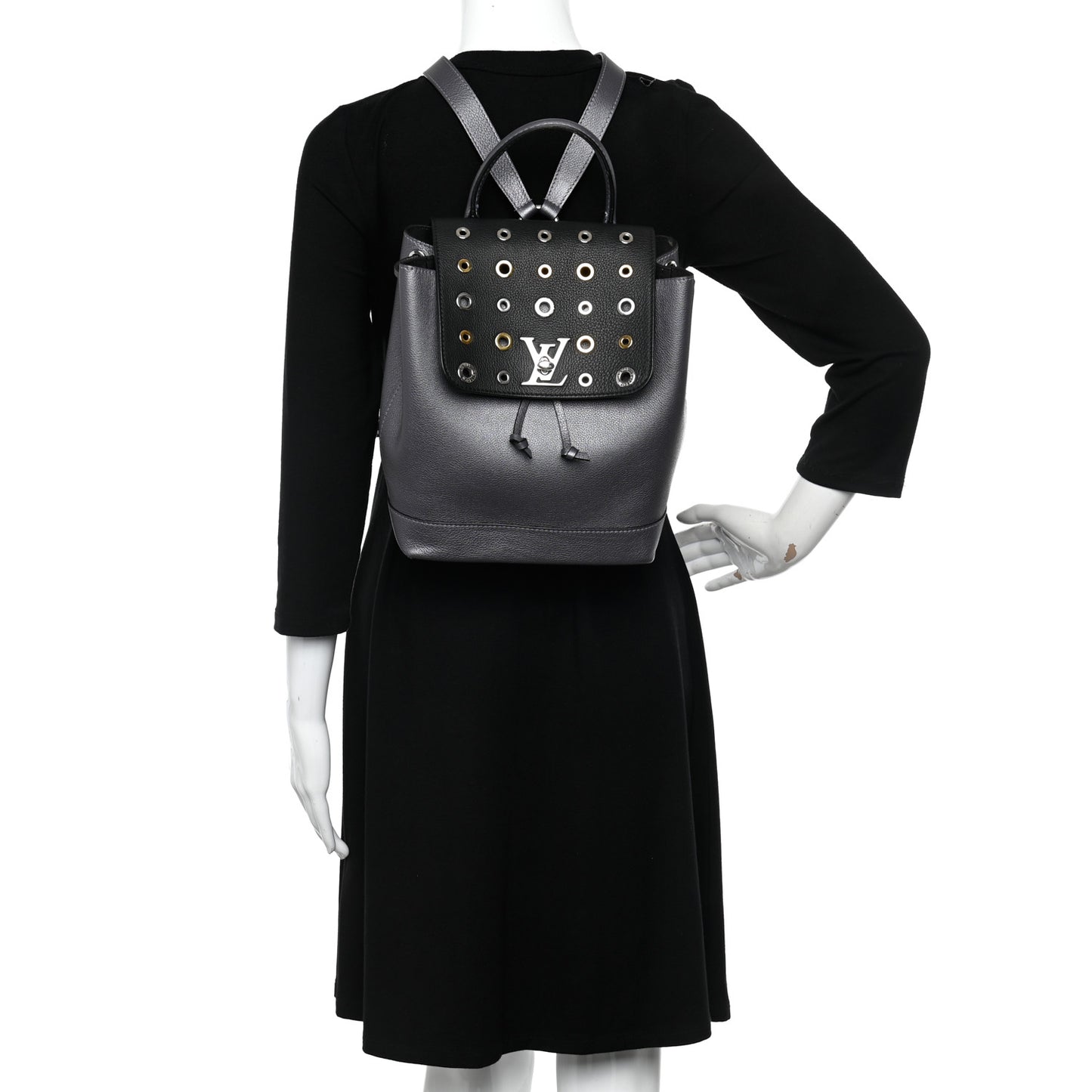 Metallic Calfskin Eyelet Lockme Backpack Black