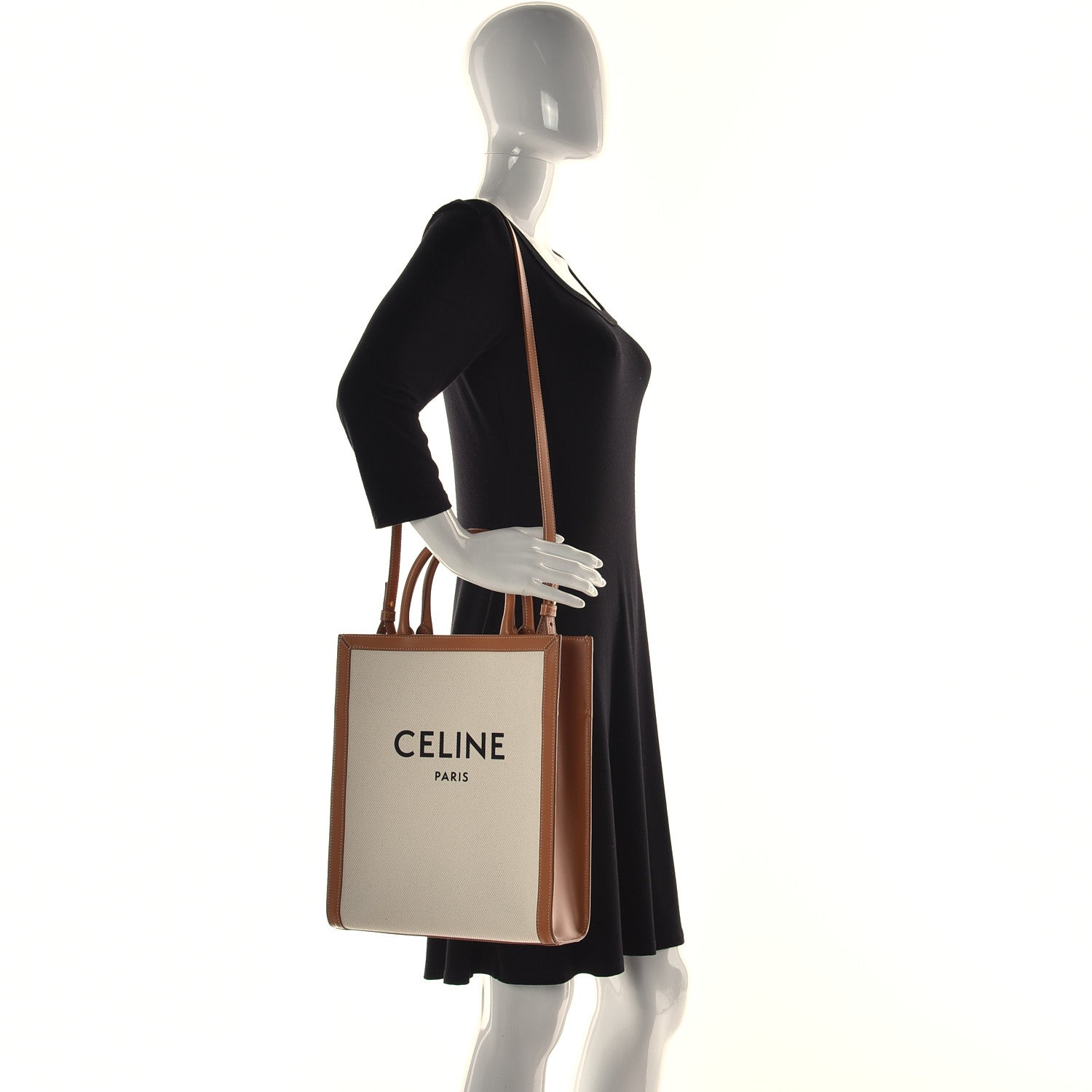 Celine Canvas Calfskin Logo Print Small Vertical Cabas Natural Tan 2 of 15