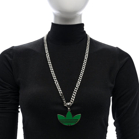 X ADIDAS Enamel Trefoil Gourmette Pendant Necklace Silver Green