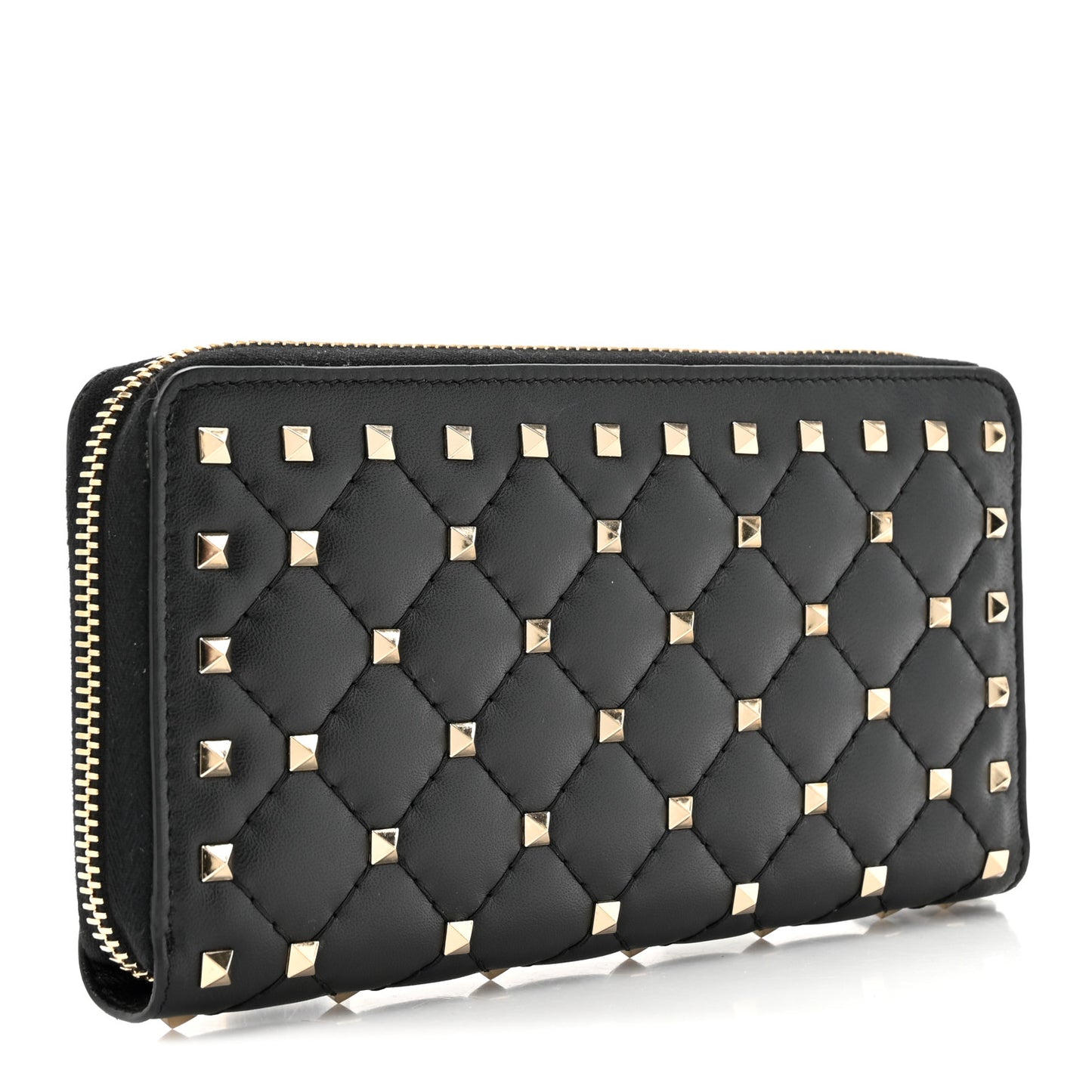 Lambskin Rockstud Spike VLTN Zip Around Wallet Black
