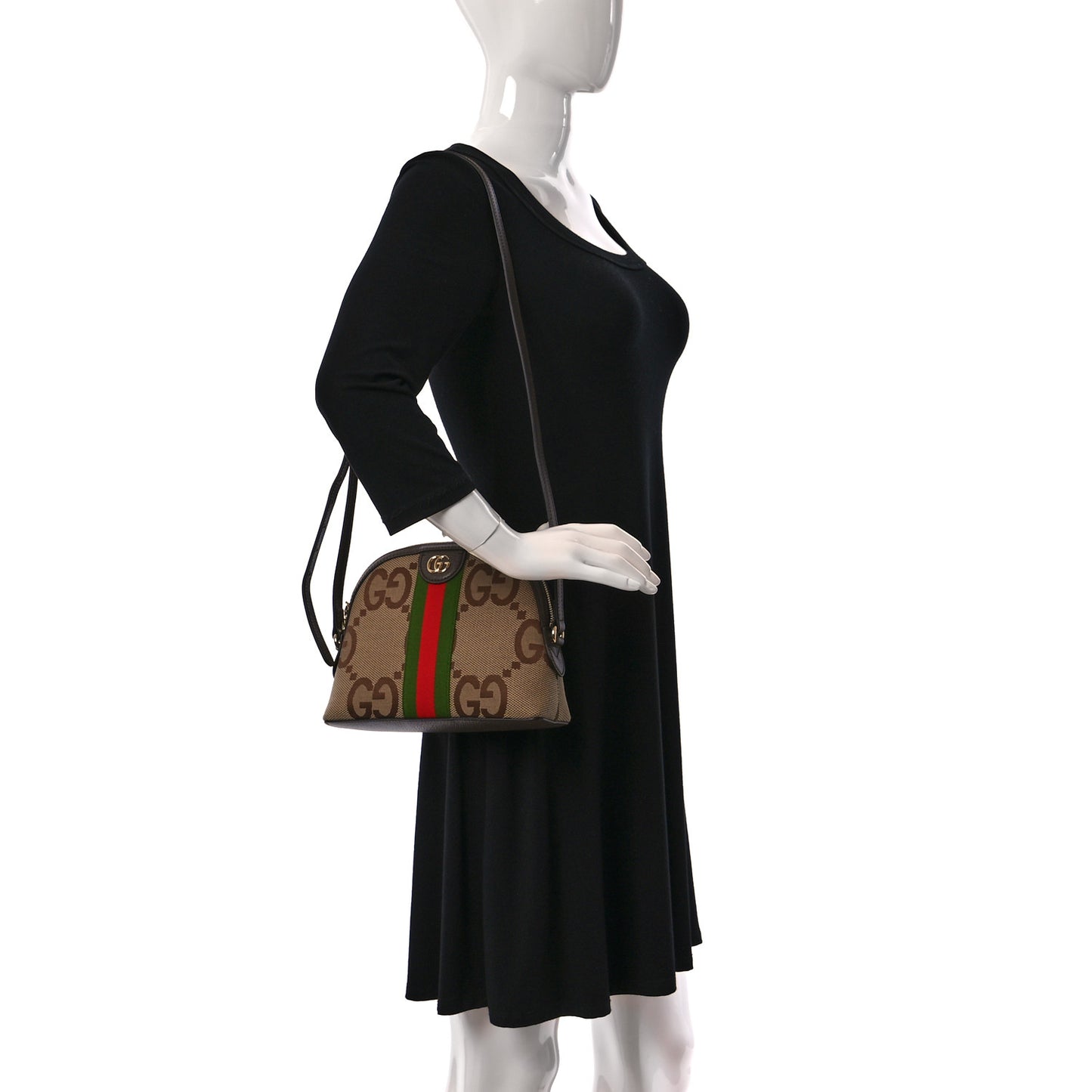 Monogram Jumbo GG Textured Dollar Calfskin Web Small Ophidia Dome Shoulder Bag Camel Ebony New Acero