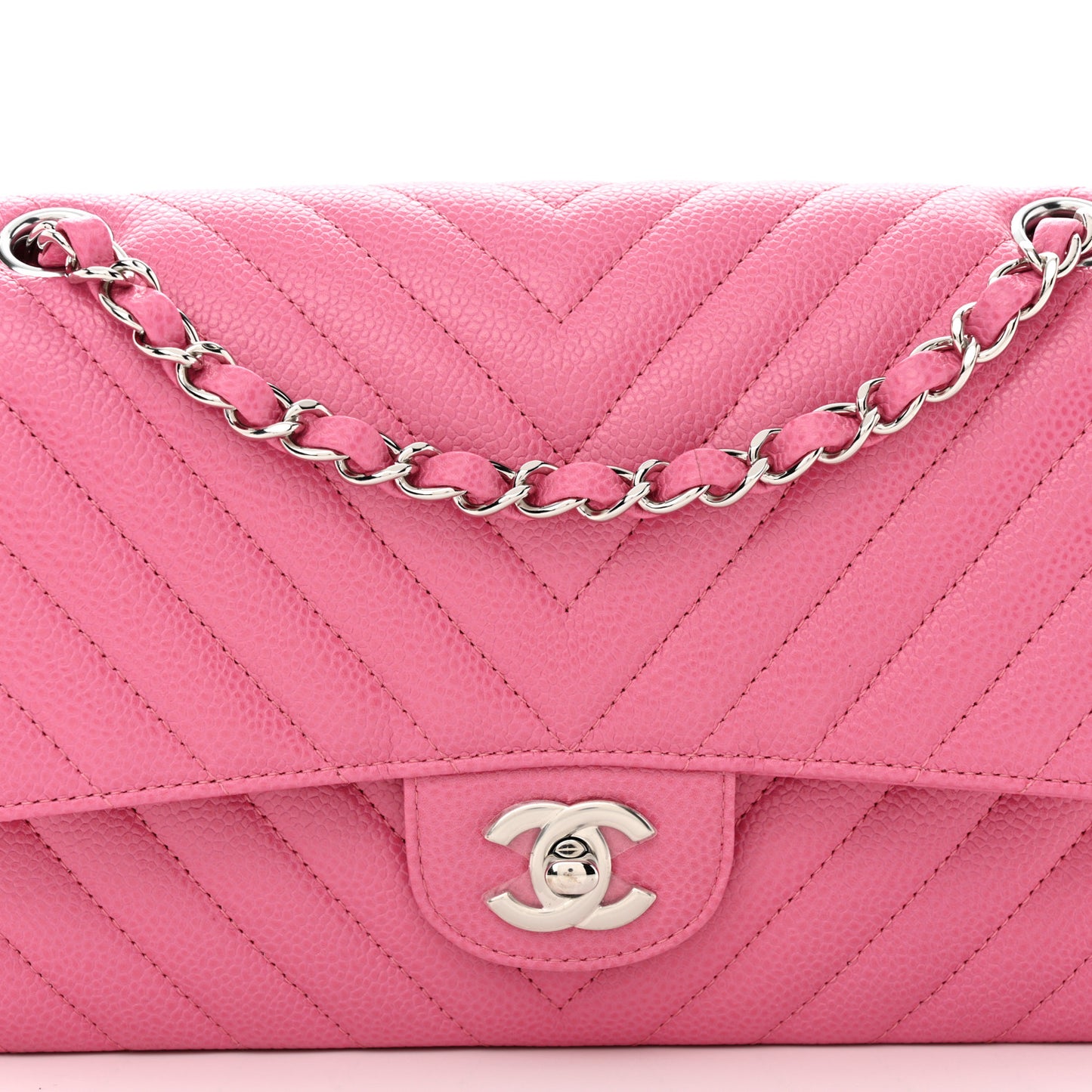 Caviar Chevron Quilted Medium Double Flap Pink