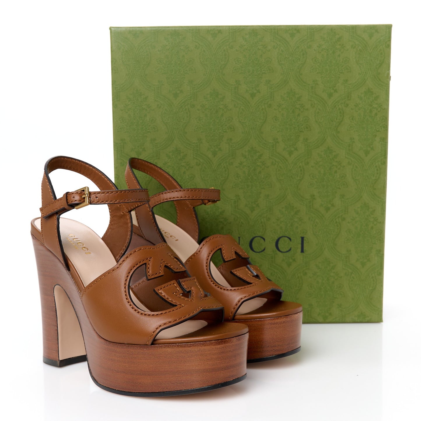Cosmos Softy Calfskin Wooden Interlocking G Cut-Out 30/120mm Platform Sandals 35.5 Cuir