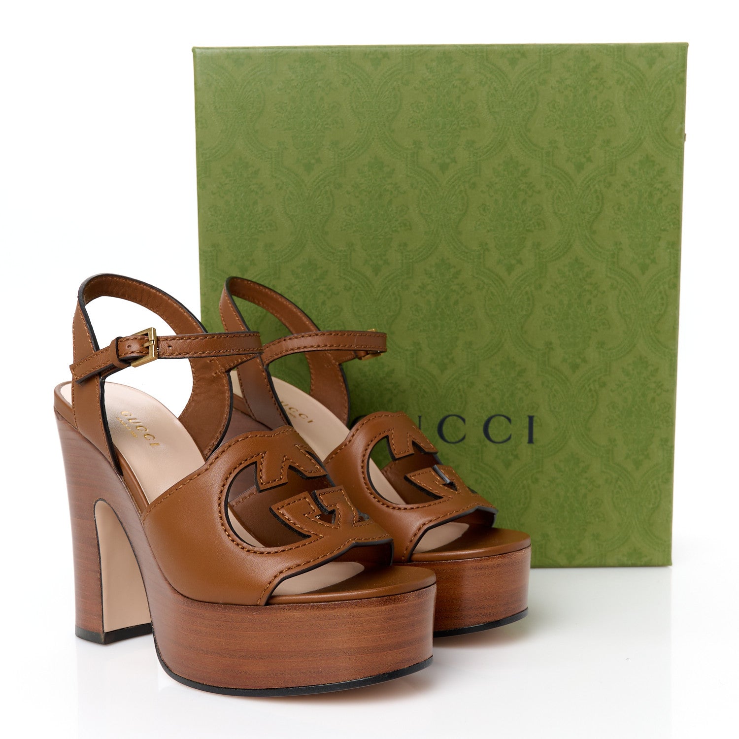 Gucci Cosmos Softy Calfskin Wooden Interlocking G Cut-Out 30/120mm Platform Sandals 35.5 Cuir 9 of 9