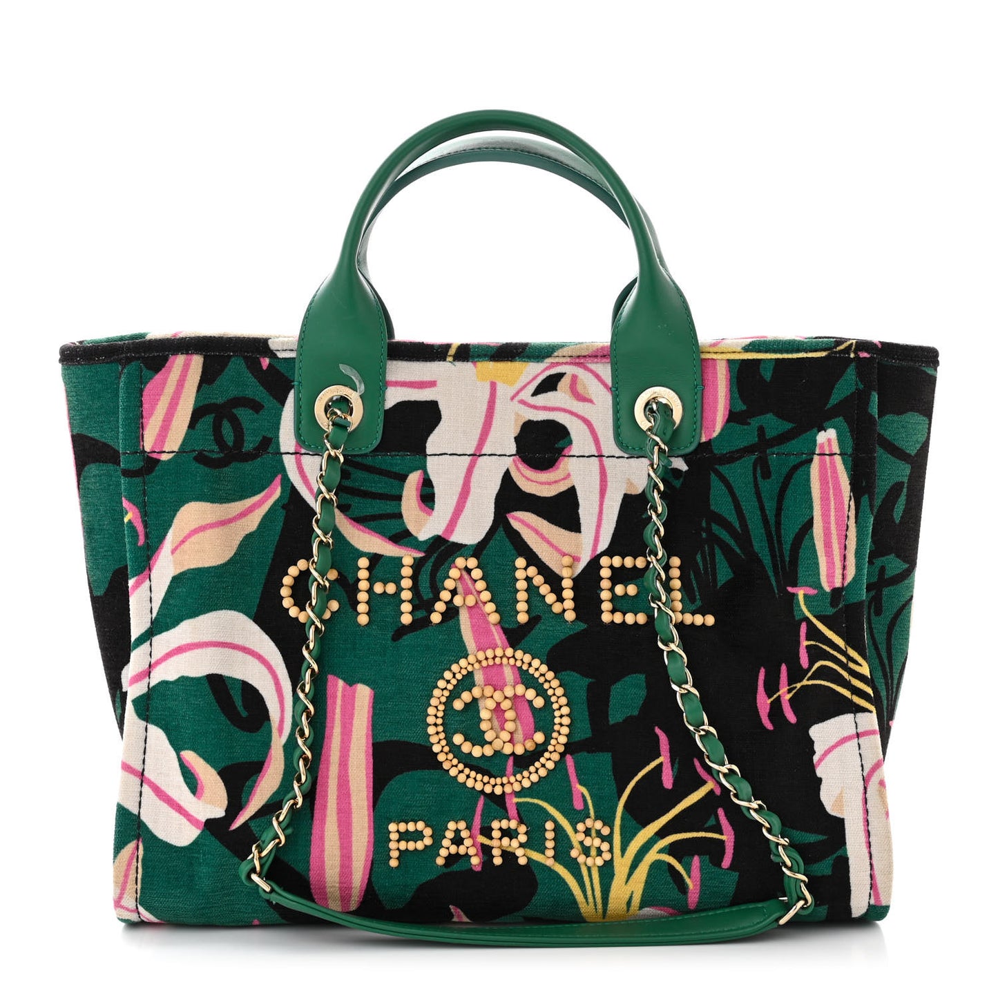 Velvet Calfskin Beaded Small Deauville Tote Pink Green Black
