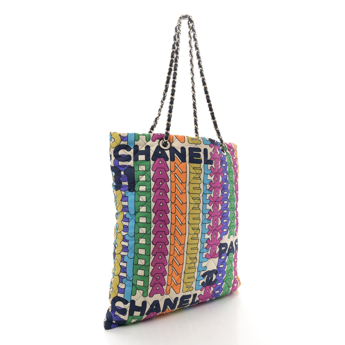 Printed Fabric Quilted Logo Large Shopping Tote Multicolor